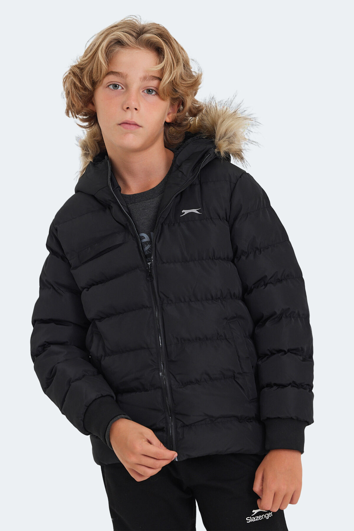 Slazenger CALISTO Unisex Çocuk Kapüşonlu Şişme Siyah Mont & Kaban