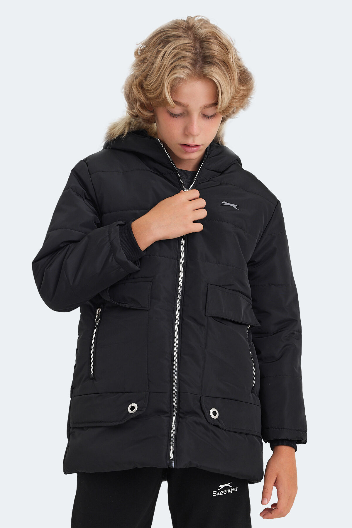 Slazenger CAMELIA Unisex Çocuk Kapüşonlu Siyah Mont & Kaban