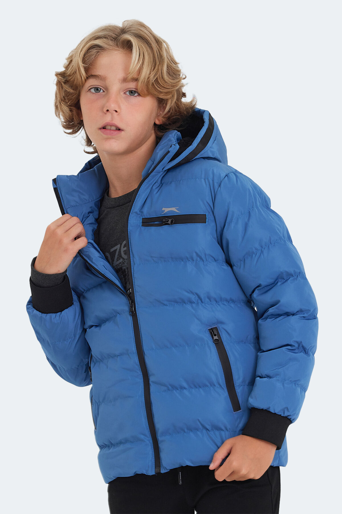 Slazenger CAPTAIN Unisex Çocuk Kapüşonlu Şişme Saks Mavi Mont & Kaban