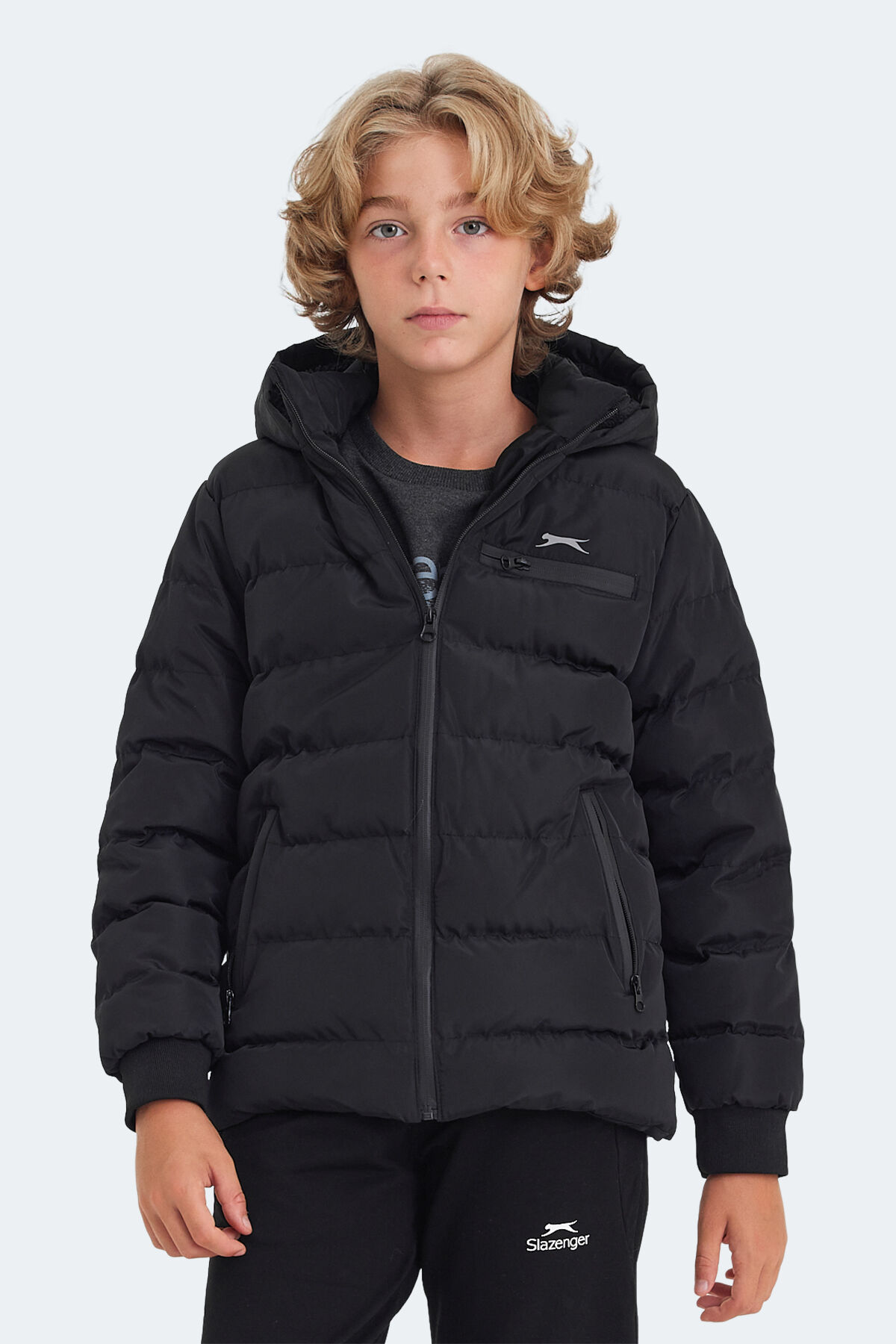 Slazenger CAPTAIN Unisex Çocuk Kapüşonlu Şişme Siyah Mont & Kaban