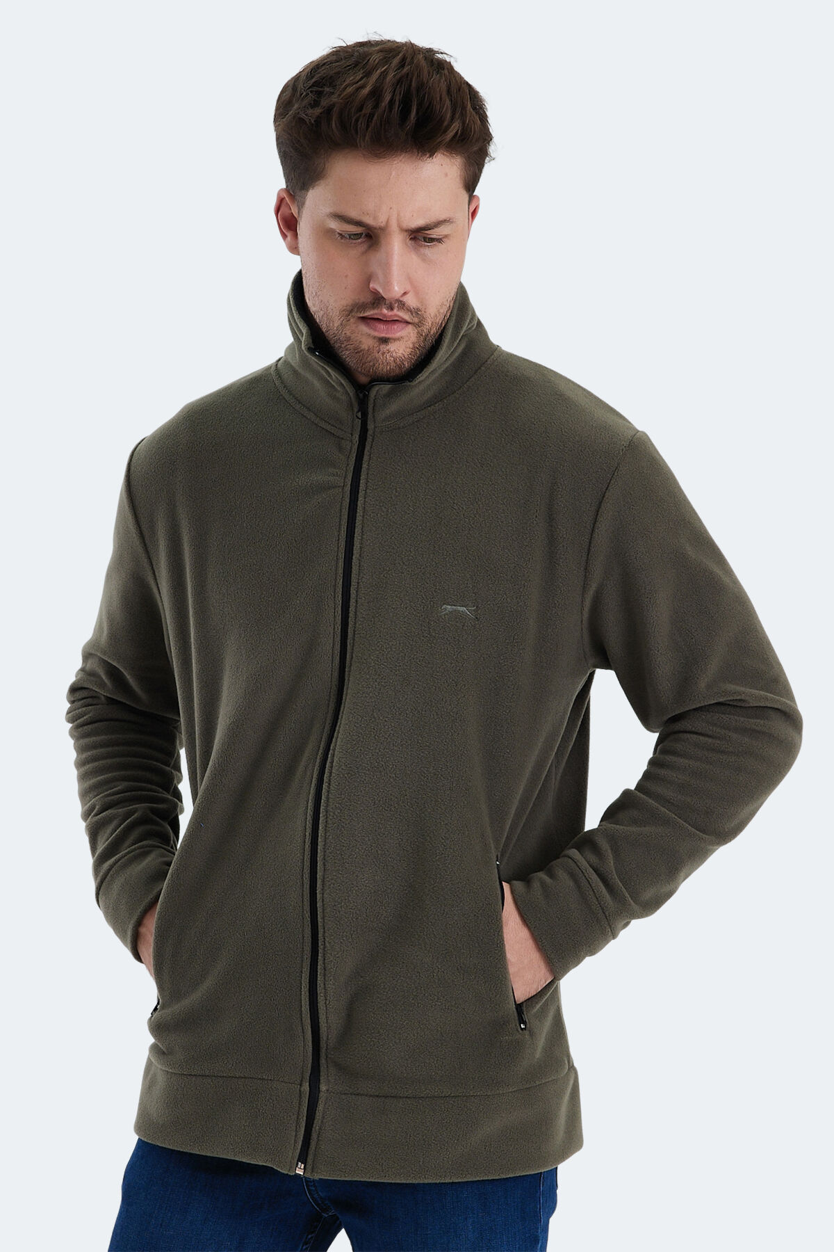Slazenger KADMOS Erkek Fermuarlı Dik Yaka Cepli Haki Polar