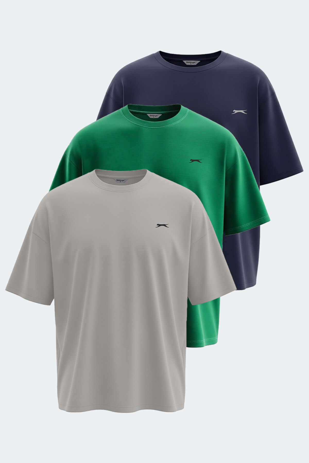 Slazenger KAISER 3 lü Set Erkek Oversıze Taş Gri - Lacivert - Koyu Yeşil Tişört