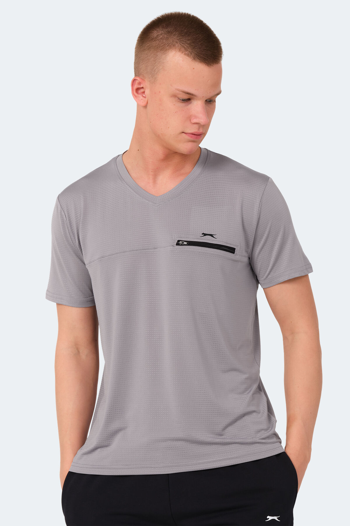 Slazenger KALLIAS Erkek Cepli V Yakan Gri Tişört