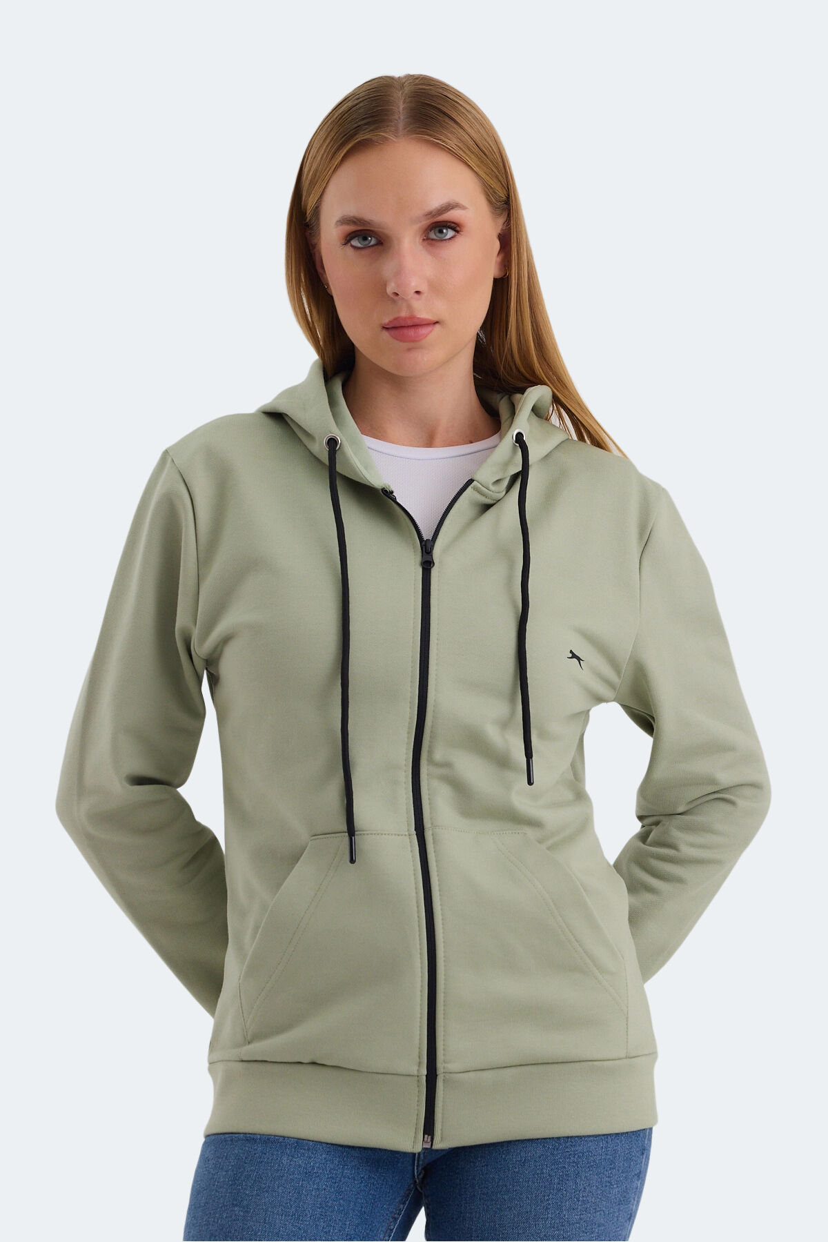 Slazenger KATYA Kadın Fermuarlı Kapüşonlu Cepli Yeşil Sweatshırt
