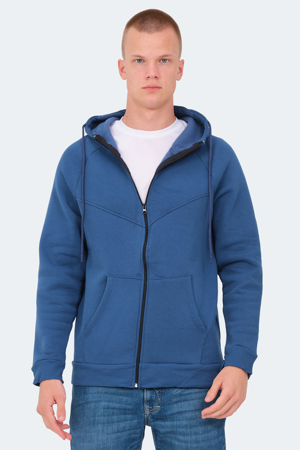 Slazenger KAZUE I Erkek Fermuarlı Kapüşonlu Cepli Indigo Sweatshırt