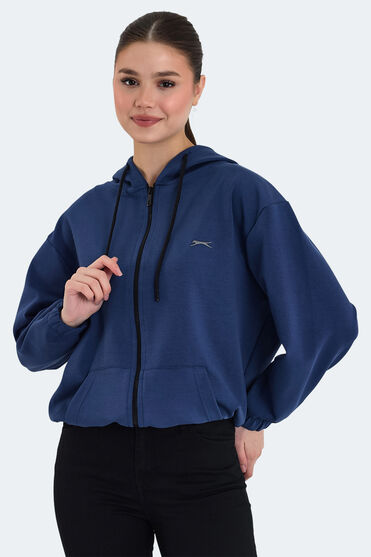 Slazenger KIMBERLEY IN Kadın Fermuarlı Kapüşonlu Cepli Indigo Sweatshırt - 1 Alana 1 Bedava