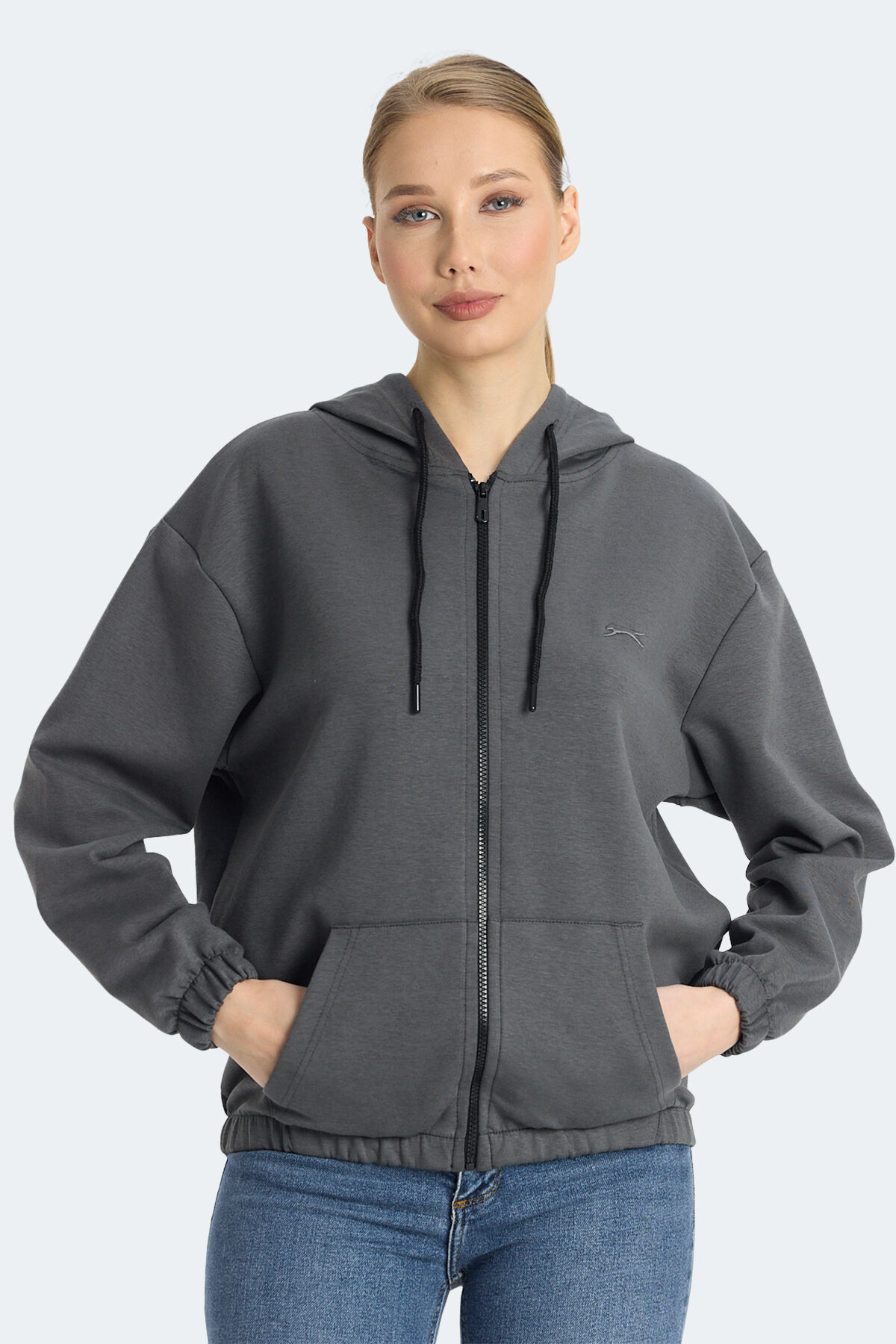 Slazenger KIMBERLEY IN Kadın Fermuarlı Kapüşonlu Cepli Koyu Gri Sweatshırt