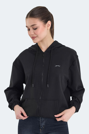 Slazenger KIMBERLEY IN Kadın Fermuarlı Kapüşonlu Cepli Siyah Sweatshırt - 1 Alana 1 Bedava