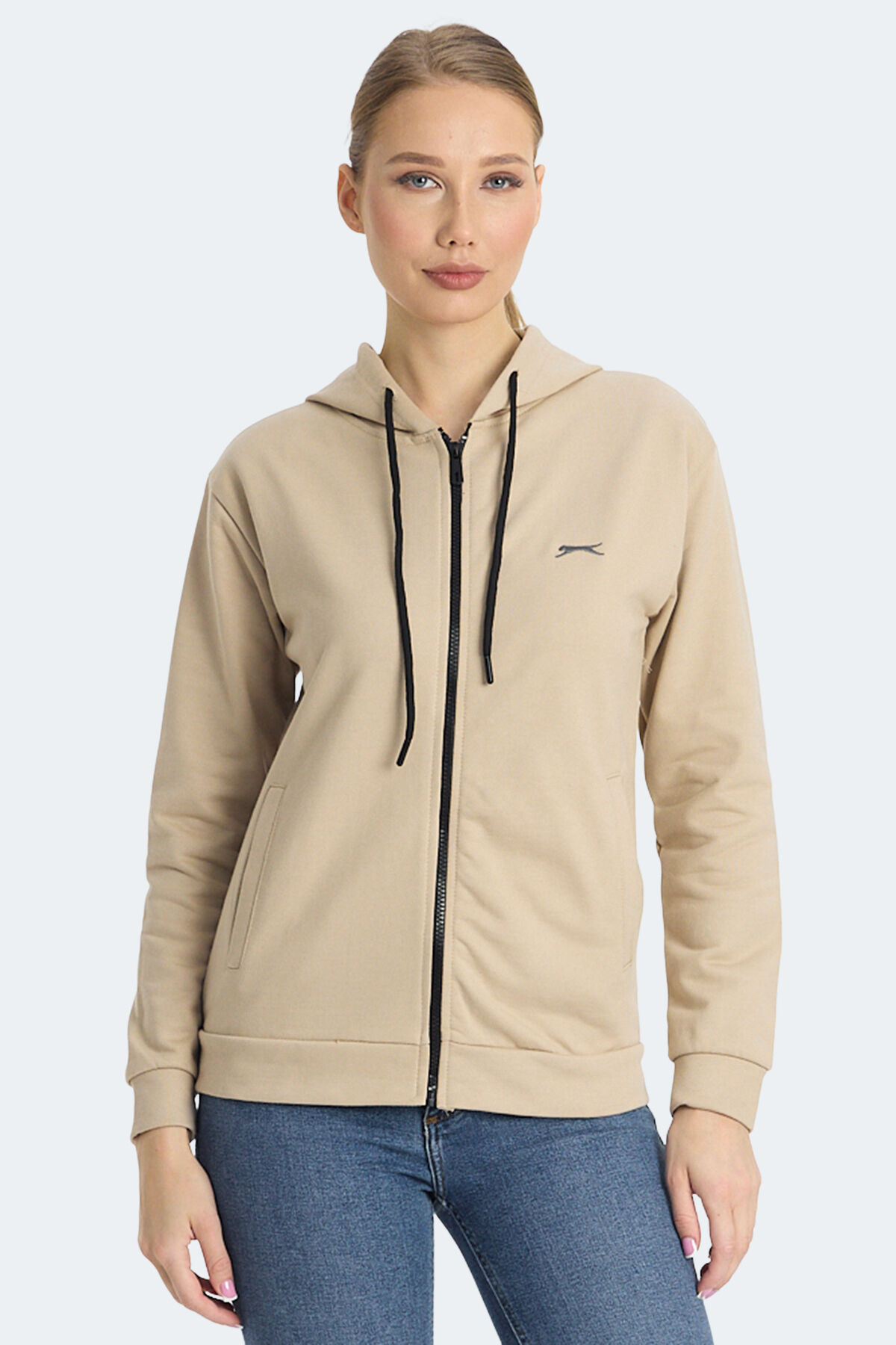 Slazenger KINET IN Kadın Fermuarlı Kapüşonlu Cepli Bej Sweatshırt