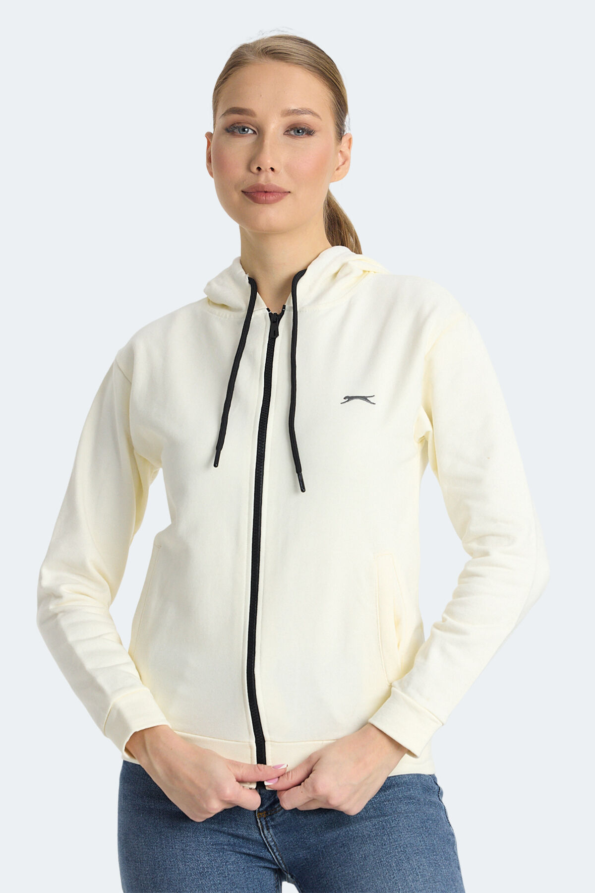 Slazenger KINET IN Kadın Fermuarlı Kapüşonlu Cepli Ekru Sweatshırt