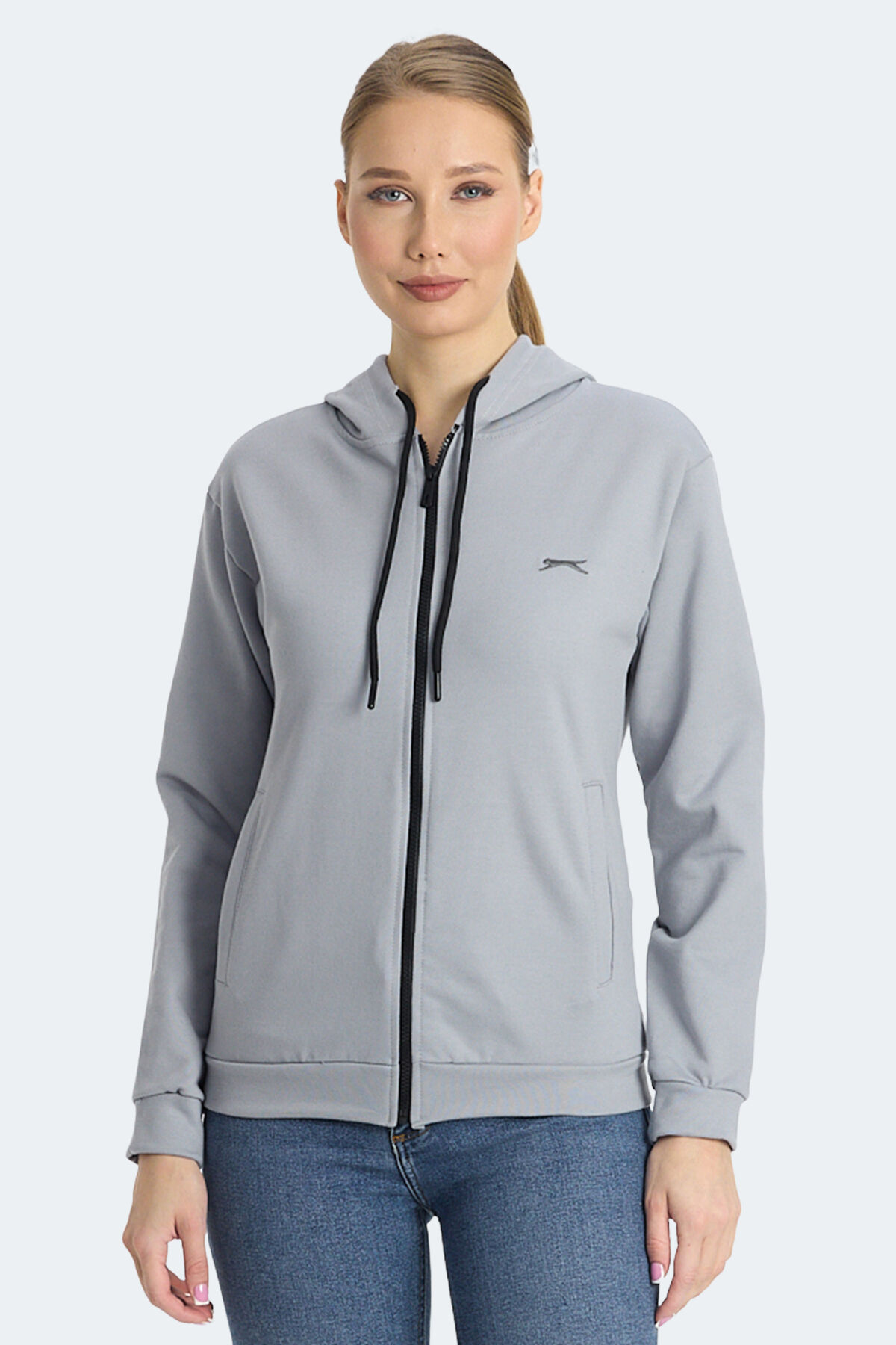Slazenger KINET IN Kadın Fermuarlı Kapüşonlu Cepli Gri Sweatshırt
