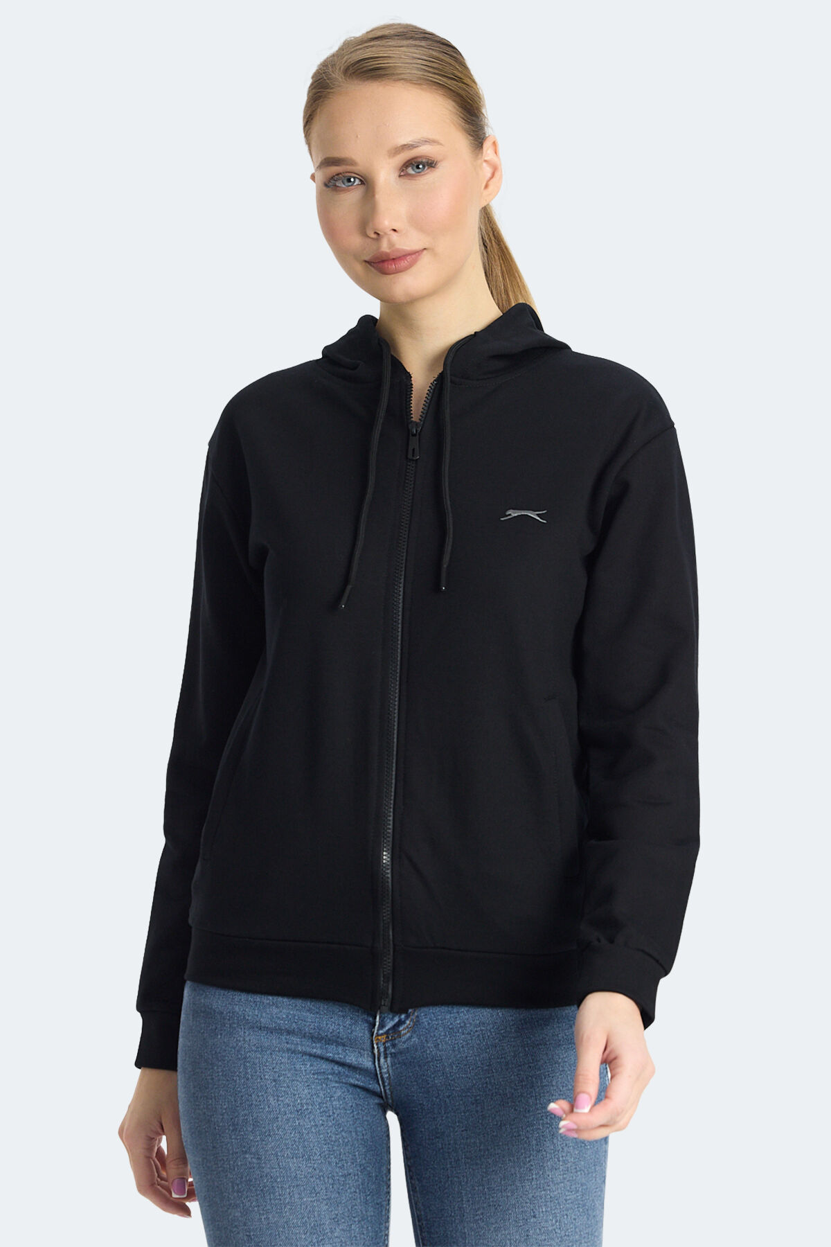 Slazenger KINET IN Kadın Fermuarlı Kapüşonlu Cepli Siyah Sweatshırt