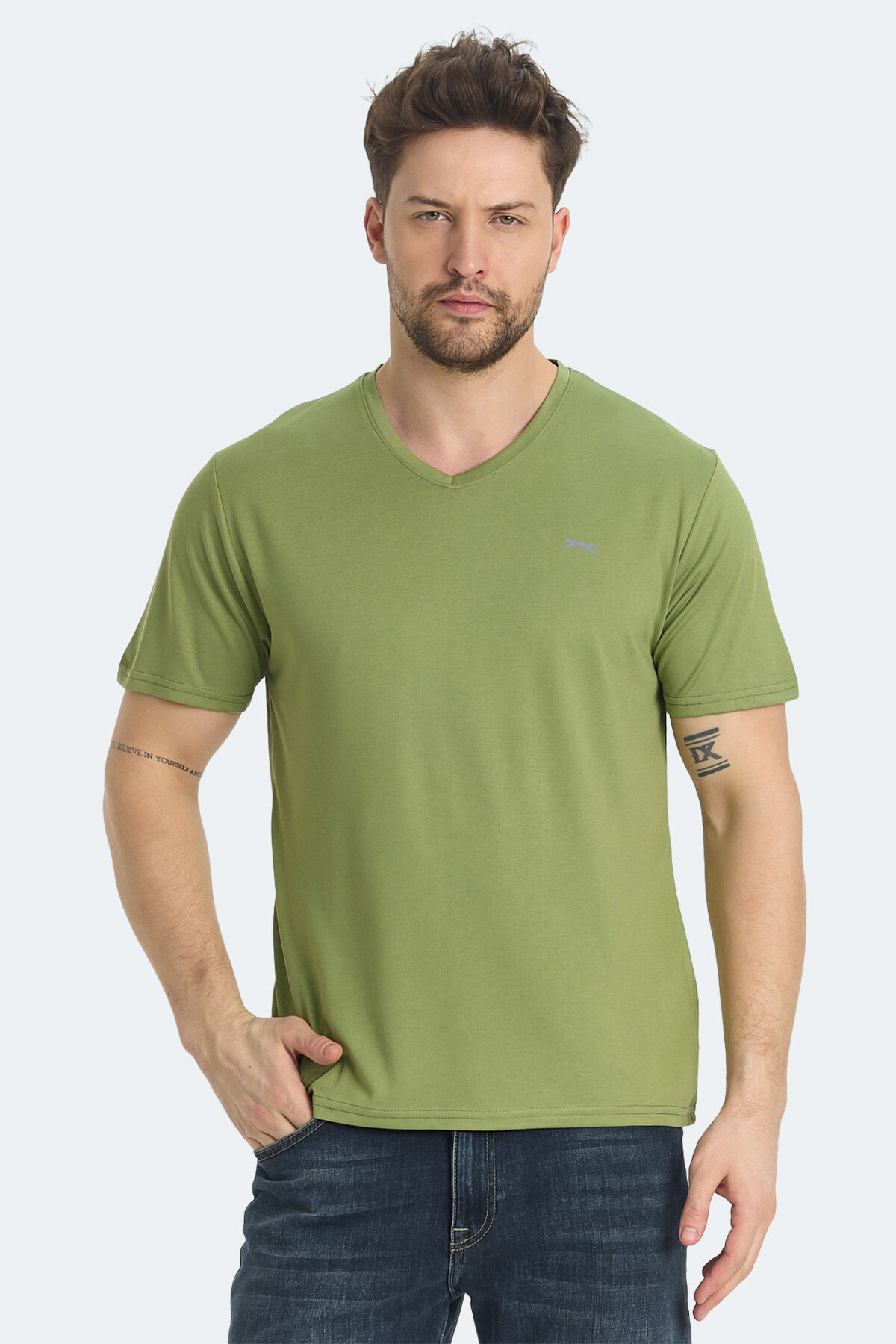 Slazenger KRAKKER Erkek V Yaka Açık Yeşil Tişört