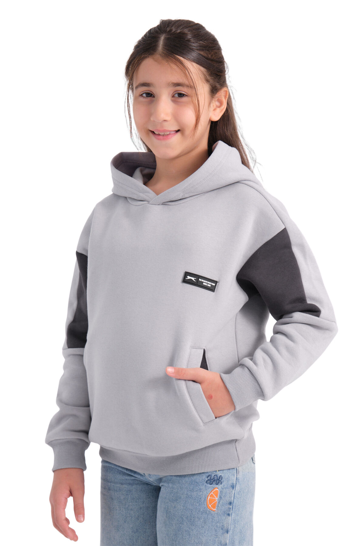 Slazenger LAYNE Unisex Çocuk Kapüşonlu Cepli Gri / Siyah Sweatshırt