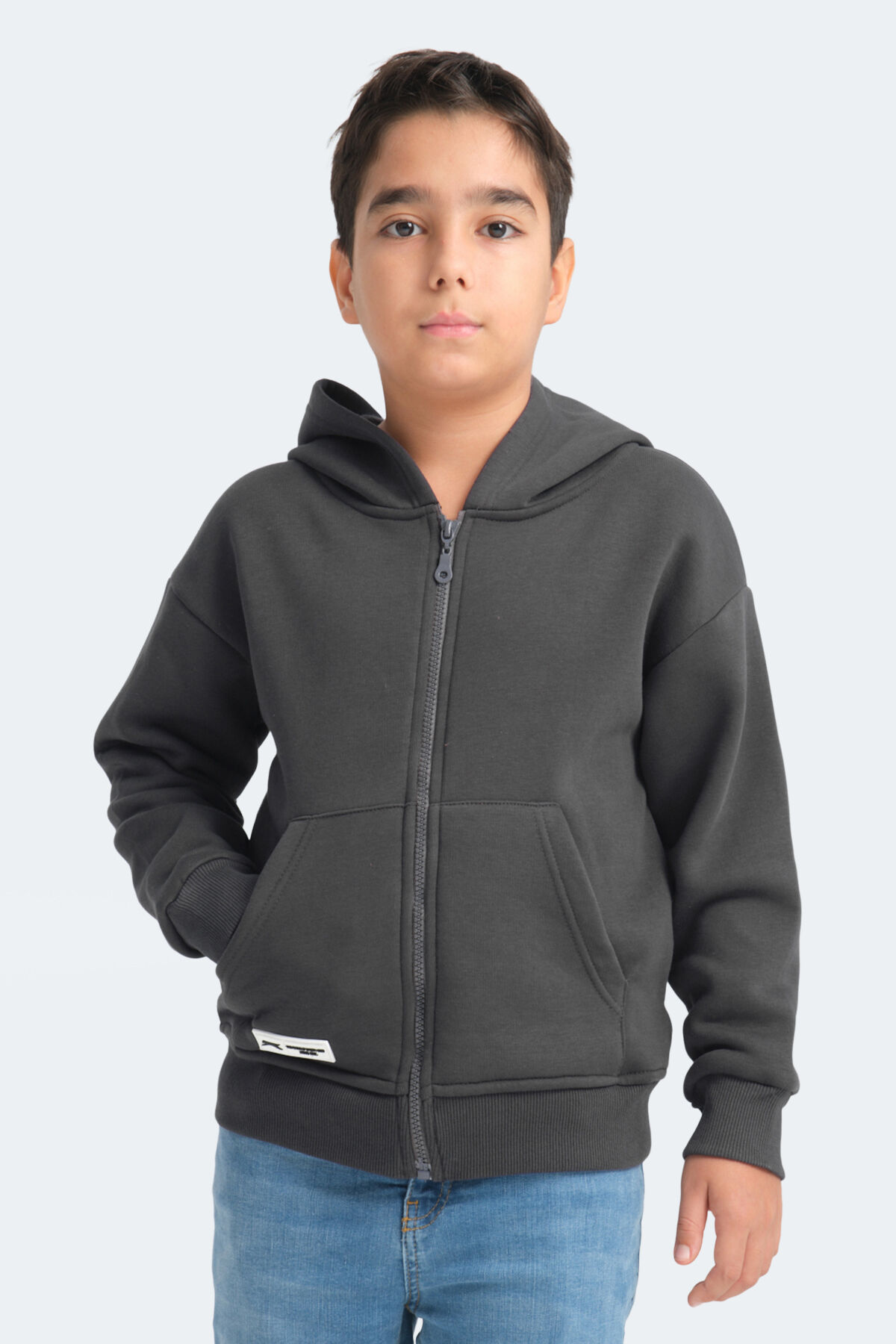 Slazenger LEKAN Unisex Çocuk Fermuarlı Kapüşonlu Cepli Koyu Gri Sweatshırt