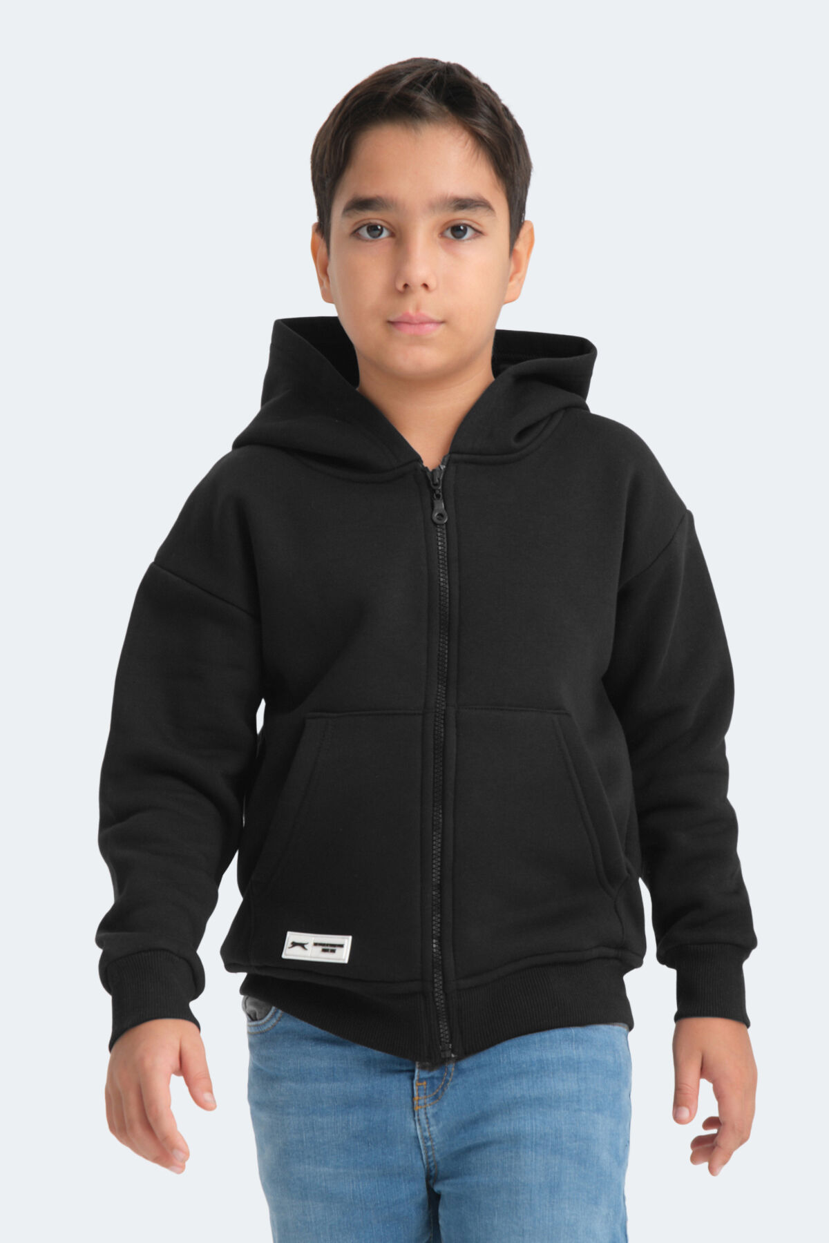 Slazenger LEKAN Unisex Çocuk Fermuarlı Kapüşonlu Cepli Siyah Sweatshırt