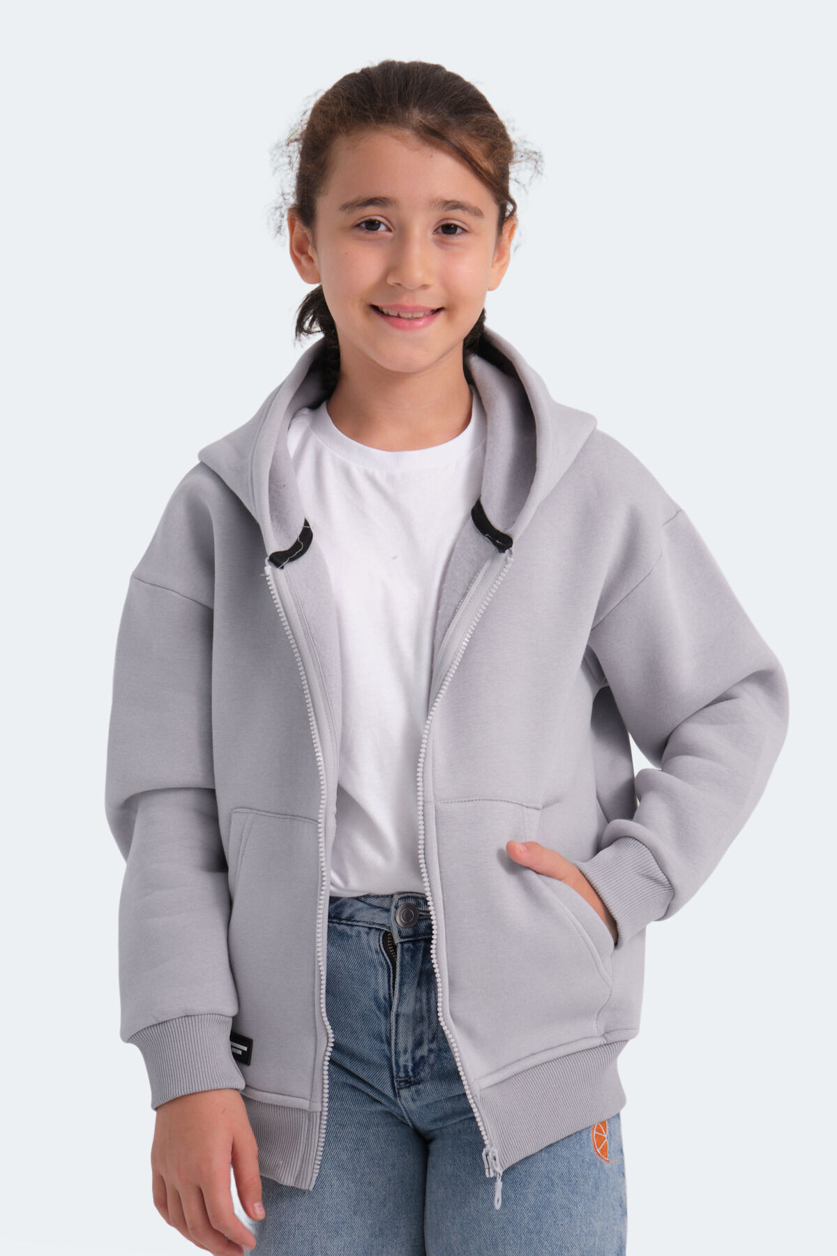Slazenger LEKAN Unisex Çocuk Fermuarlı Kapüşonlu Cepli Taş Gri Sweatshırt