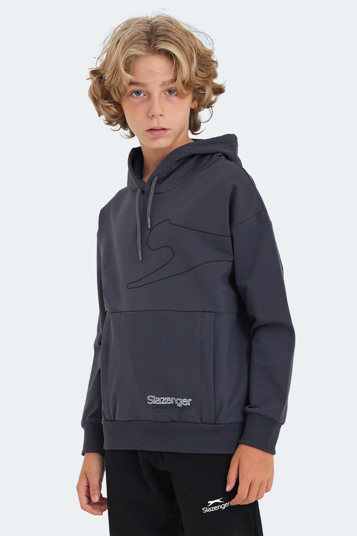 Slazenger LINK Unisex Çocuk Kapüşonlu Cepli Koyu Gri Sweatshırt