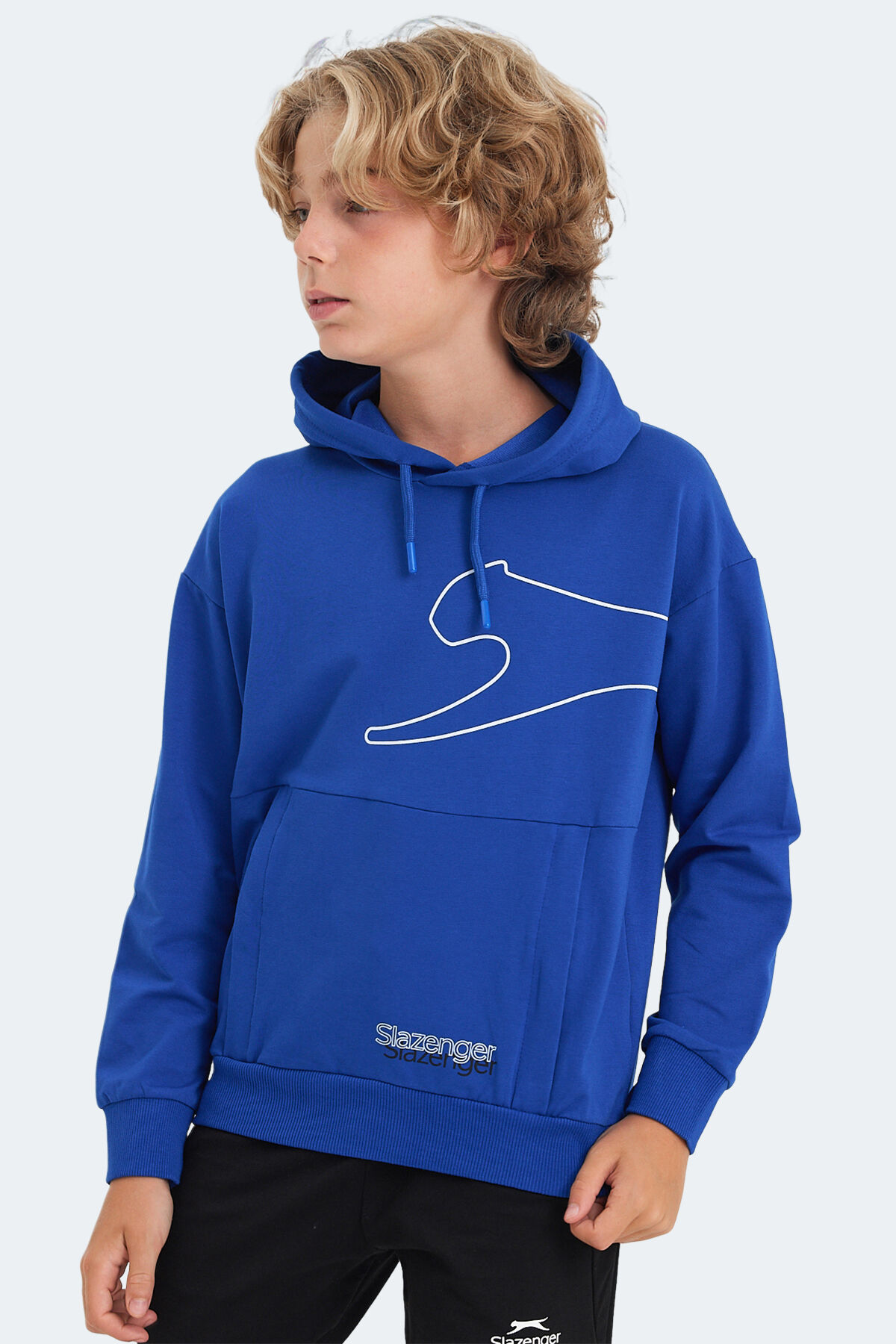 Slazenger LINK Unisex Çocuk Kapüşonlu Cepli Saks Mavi Sweatshırt