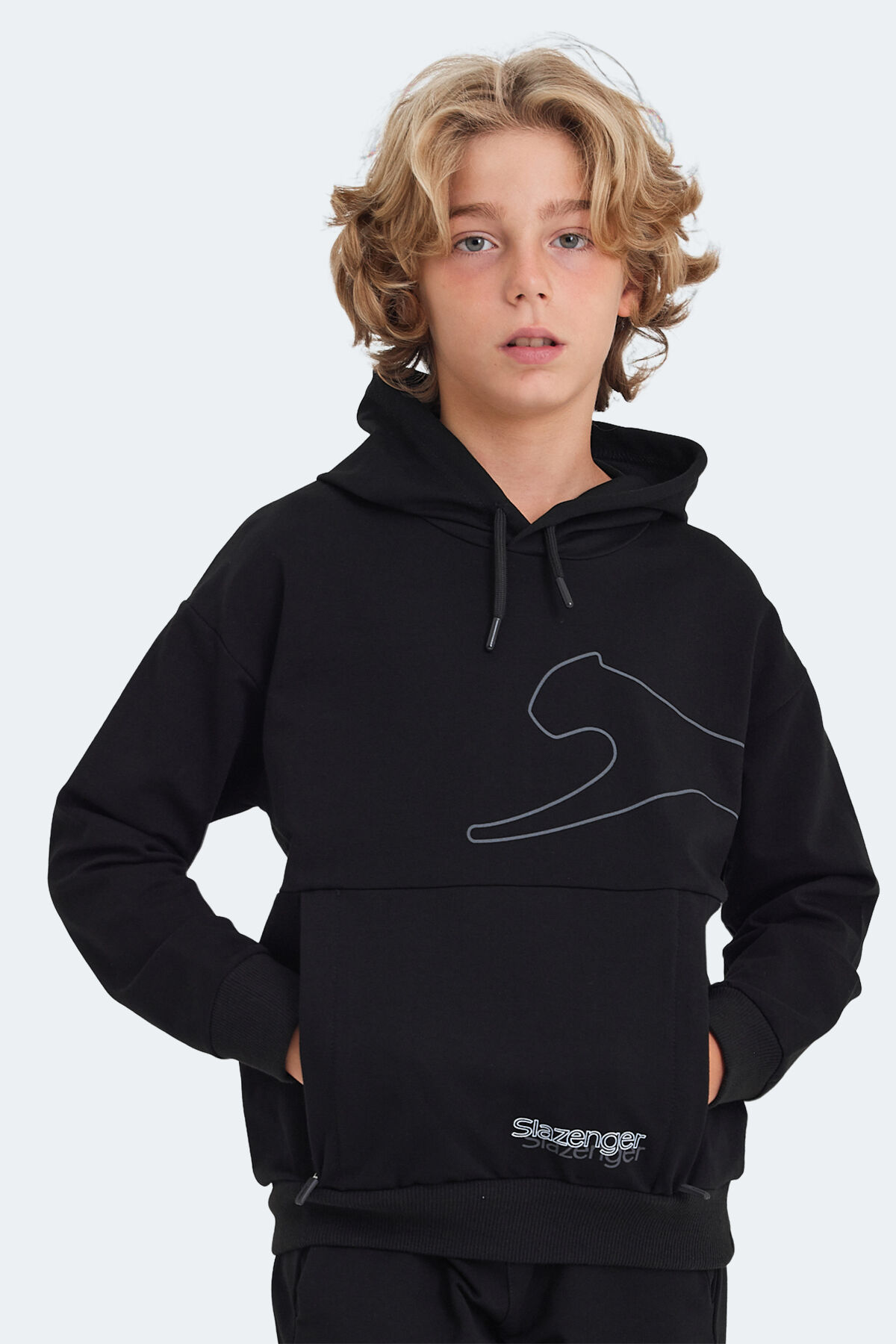 Slazenger LINK Unisex Çocuk Kapüşonlu Cepli Siyah Sweatshırt