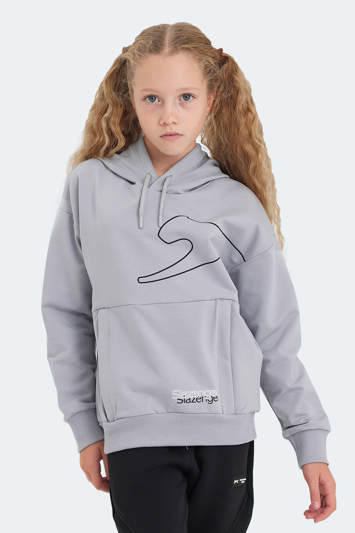 Slazenger LINK Unisex Çocuk Kapüşonlu Cepli Taş Gri Sweatshırt