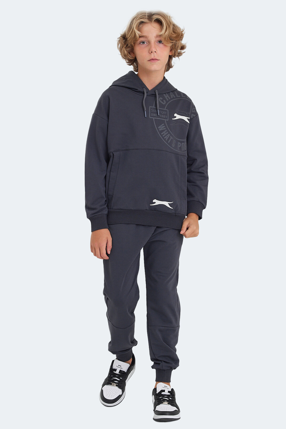 Slazenger LISEY IN Unisex Çocuk Kanguru Cepli Kapüşonlu Koyu Gri Eşofman Takımı