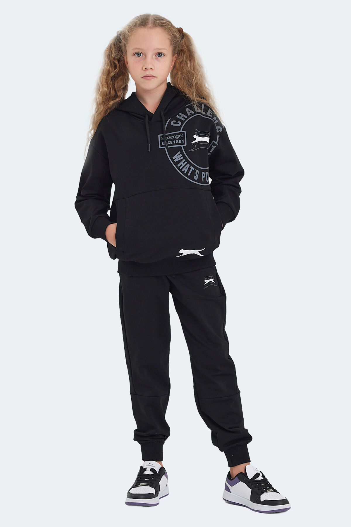Slazenger LISEY IN Unisex Çocuk Kanguru Cepli Kapüşonlu Siyah Eşofman Takımı