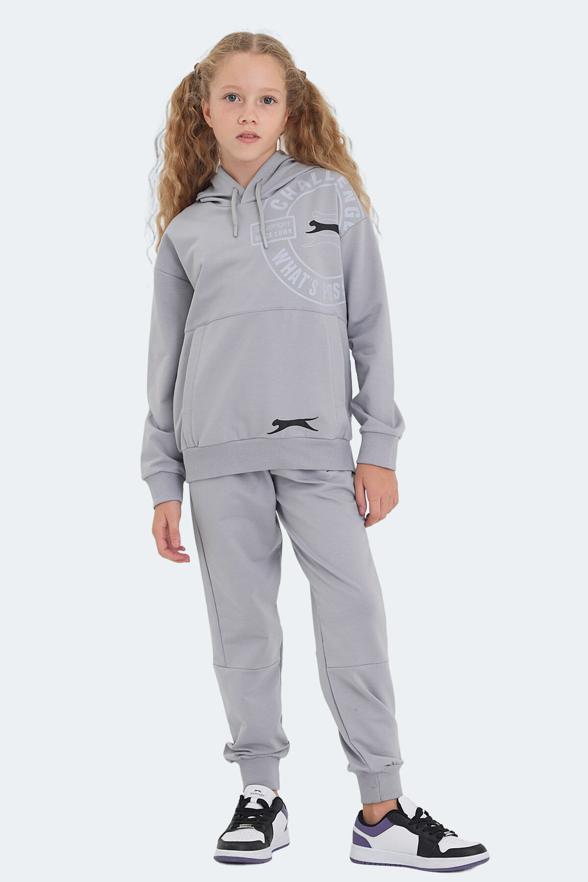 Slazenger LISEY IN Unisex Çocuk Kanguru Cepli Kapüşonlu Taş Gri Eşofman Takımı
