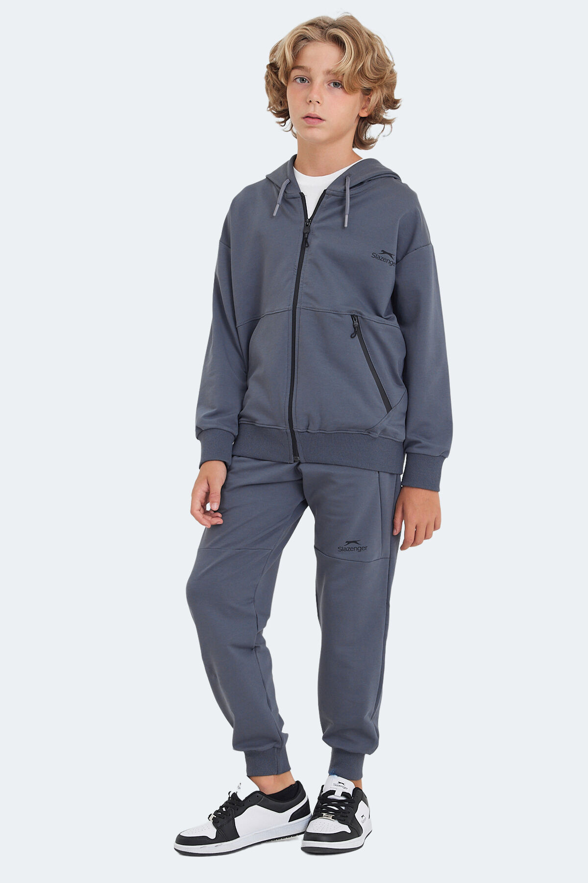 Slazenger LOCAL IN Unisex Çocuk Fermuarlı Kapüşonlu Cepli Koyu Gri Eşofman Takımı