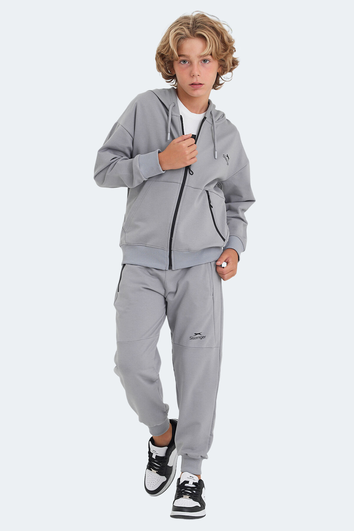 Slazenger LOCAL IN Unisex Çocuk Fermuarlı Kapüşonlu Cepli Taş Gri Eşofman Takımı