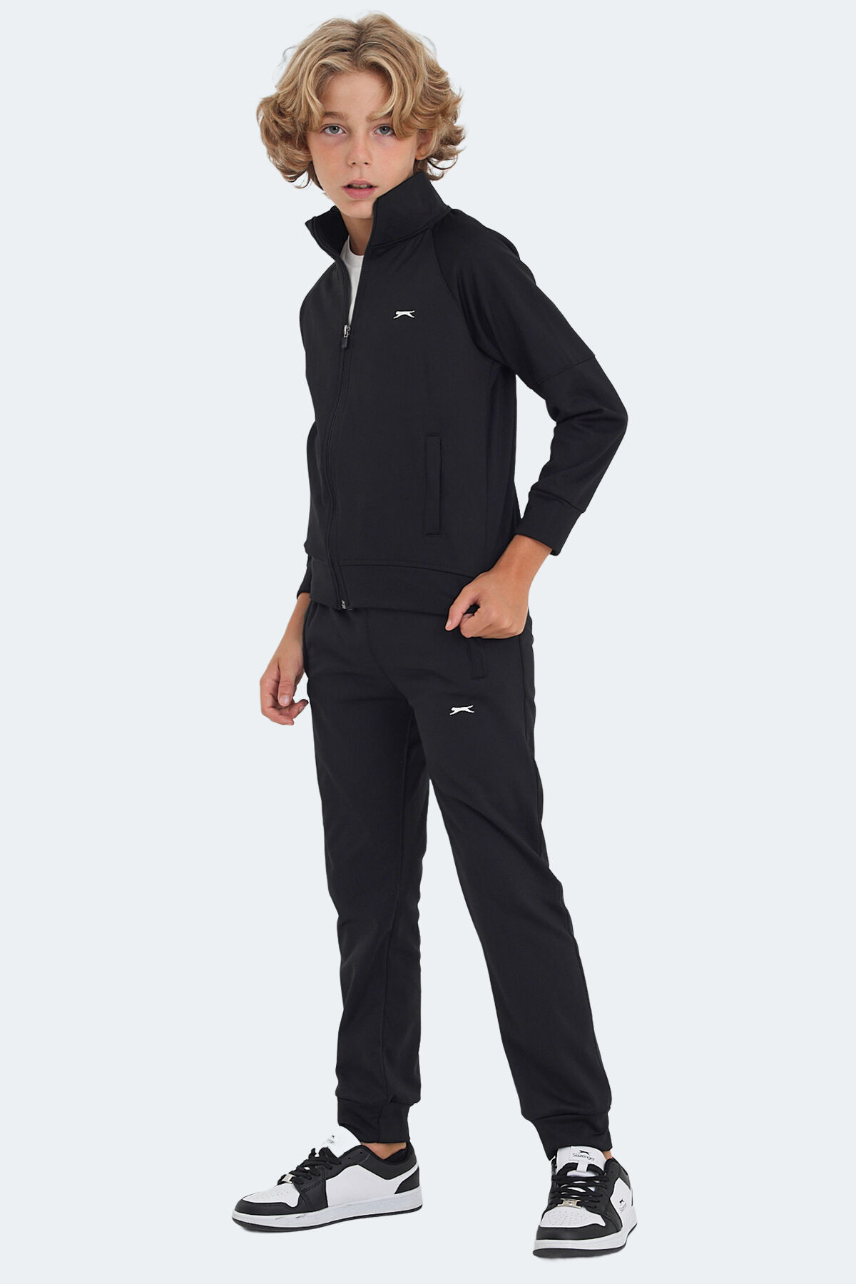Slazenger NEXT IN Unisex Çocuk Fermuarlı Dik Yaka Cepli Siyah Eşofman Takımı