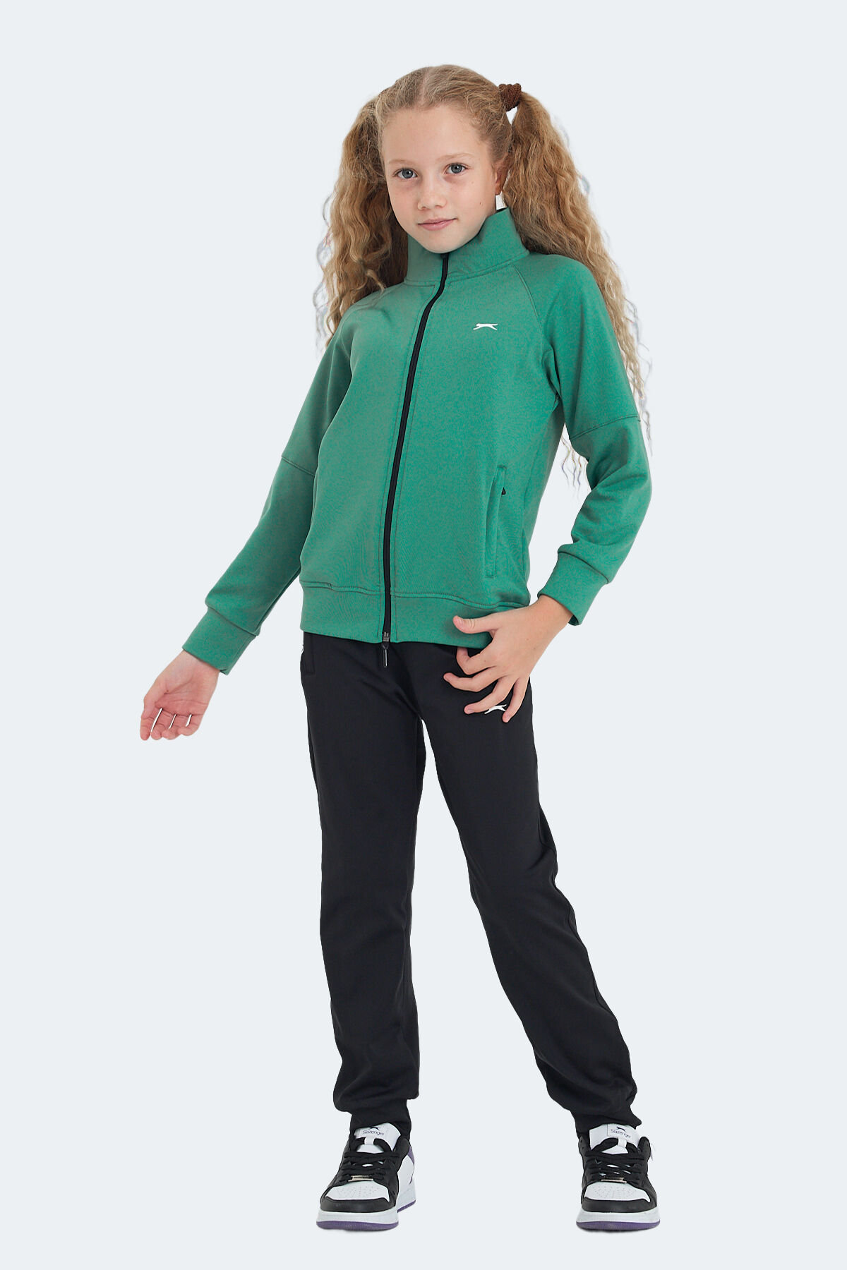 Slazenger NEXT IN Unisex Çocuk Fermuarlı Dik Yaka Cepli Yeşil Eşofman Takımı