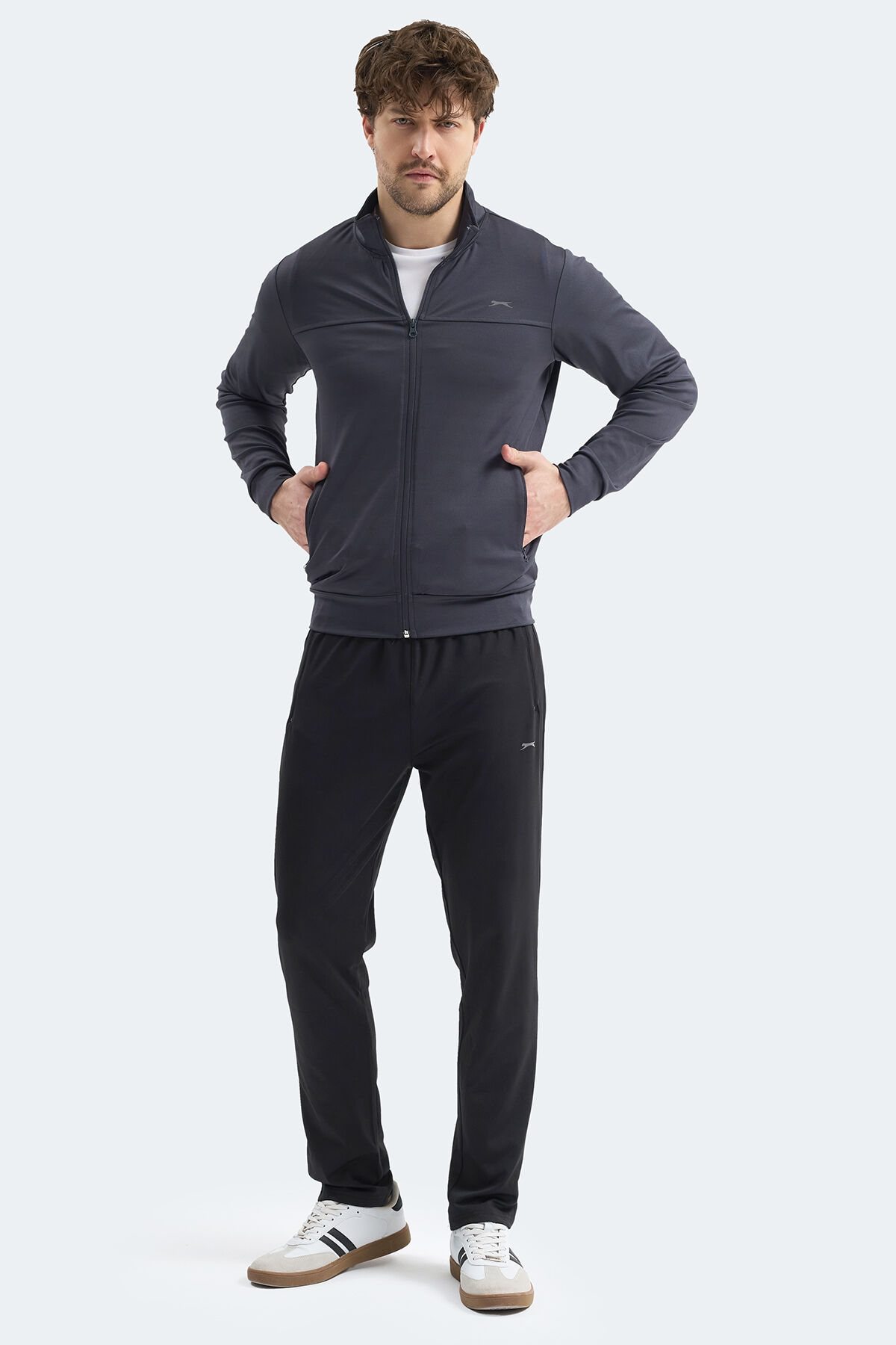 Slazenger OPRAH Erkek Fermuarlı Dik Yaka Cepli Koyu Gri Eşofman Takımı