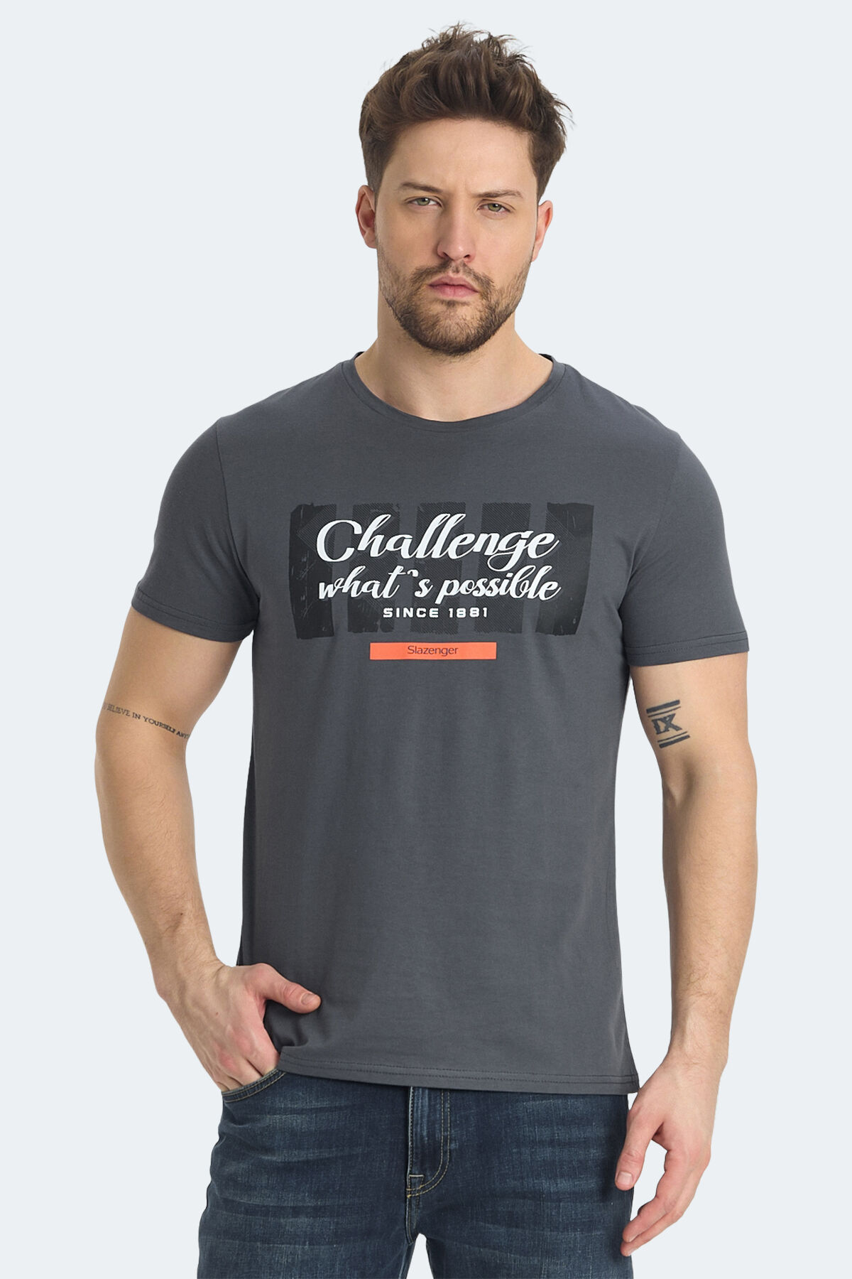 Slazenger RATAN Erkek Baskılı Koyu Gri Tişört
