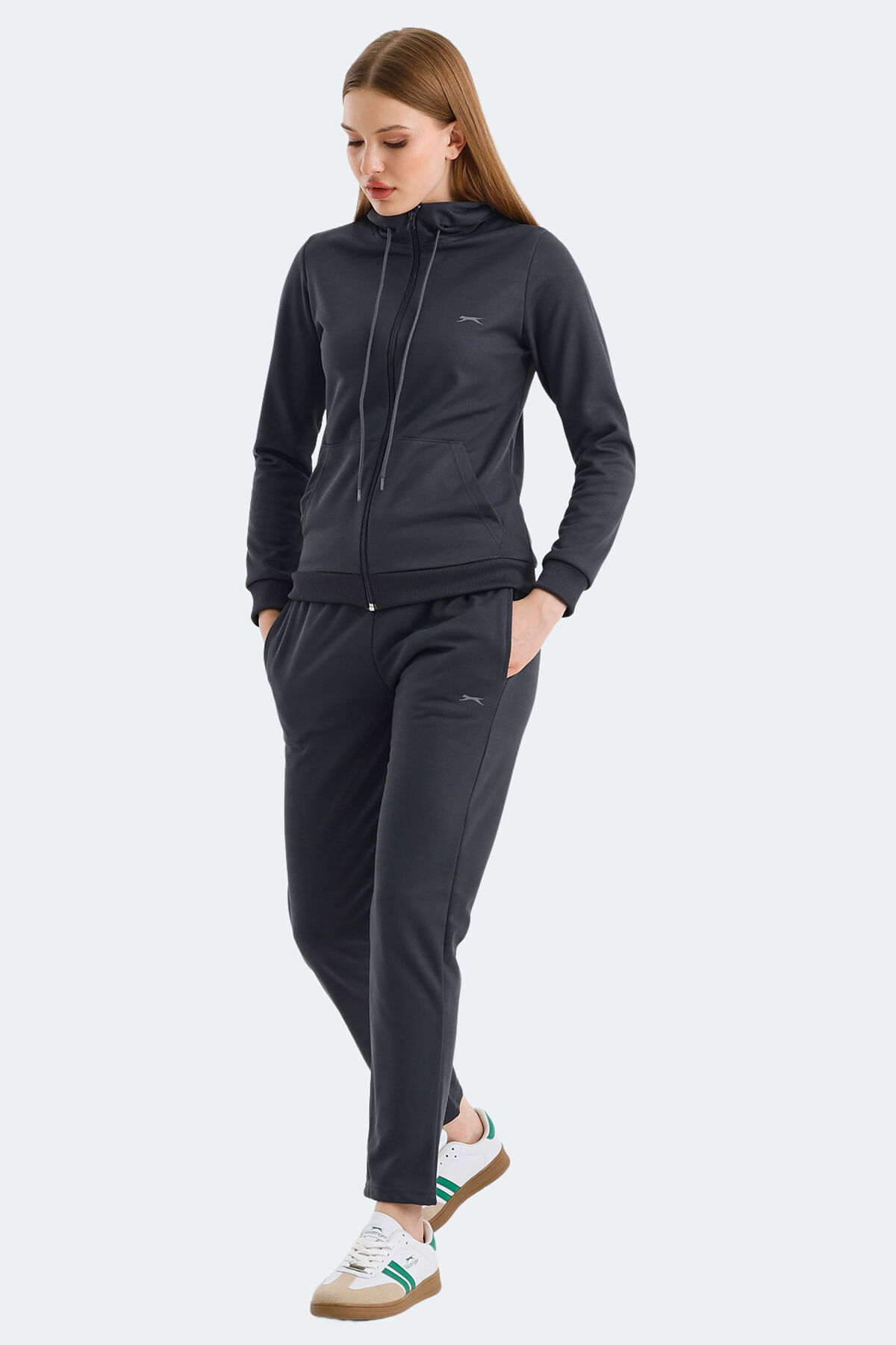 Slazenger RID IN Kadın Fermuarlı Kapüşonlu Cepli Koyu Gri Eşofman Takımı