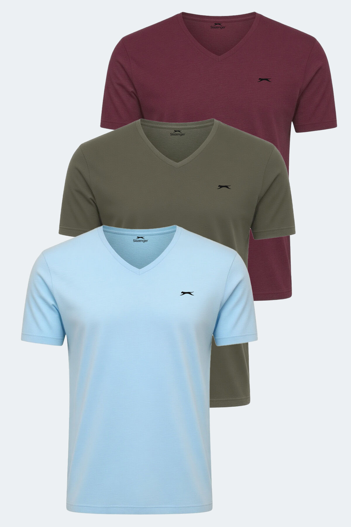 Slazenger RIVALDO 3 lü Set Erkek V Yaka Haki - Bordo - Mavi Tişört