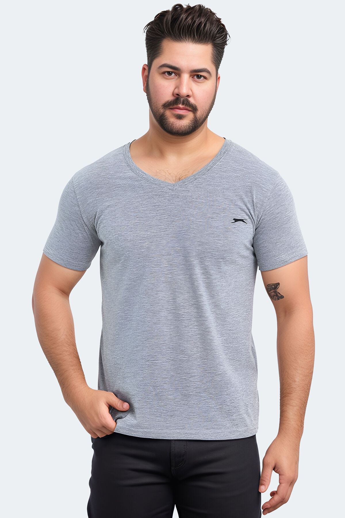 Slazenger SARGON KTN Büyük Beden Erkek V Yaka Gri Tişört