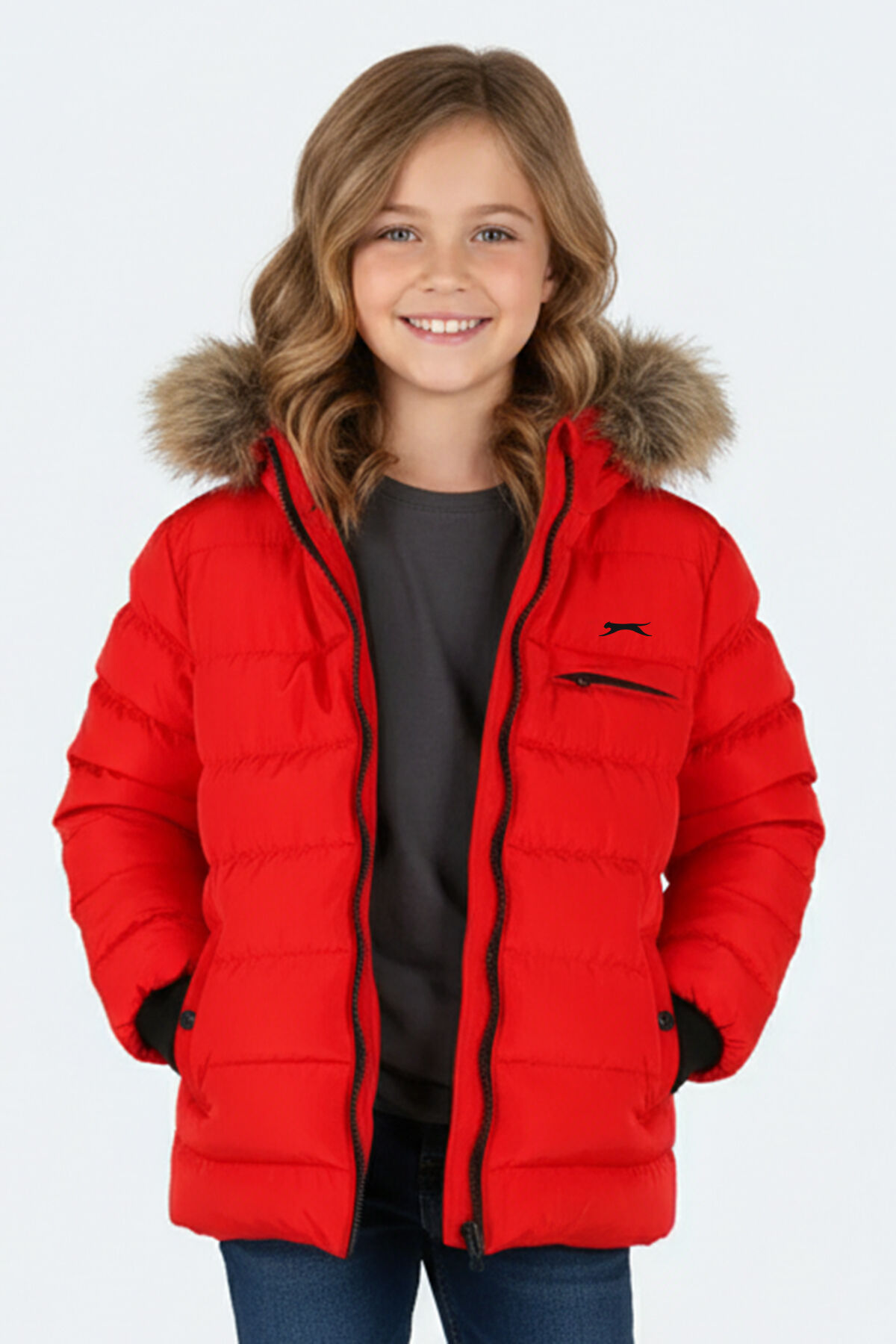 Slazenger CALISTO NEW Unisex Çocuk Kapüşonlu Şişme Kırmızı Mont & Kaban