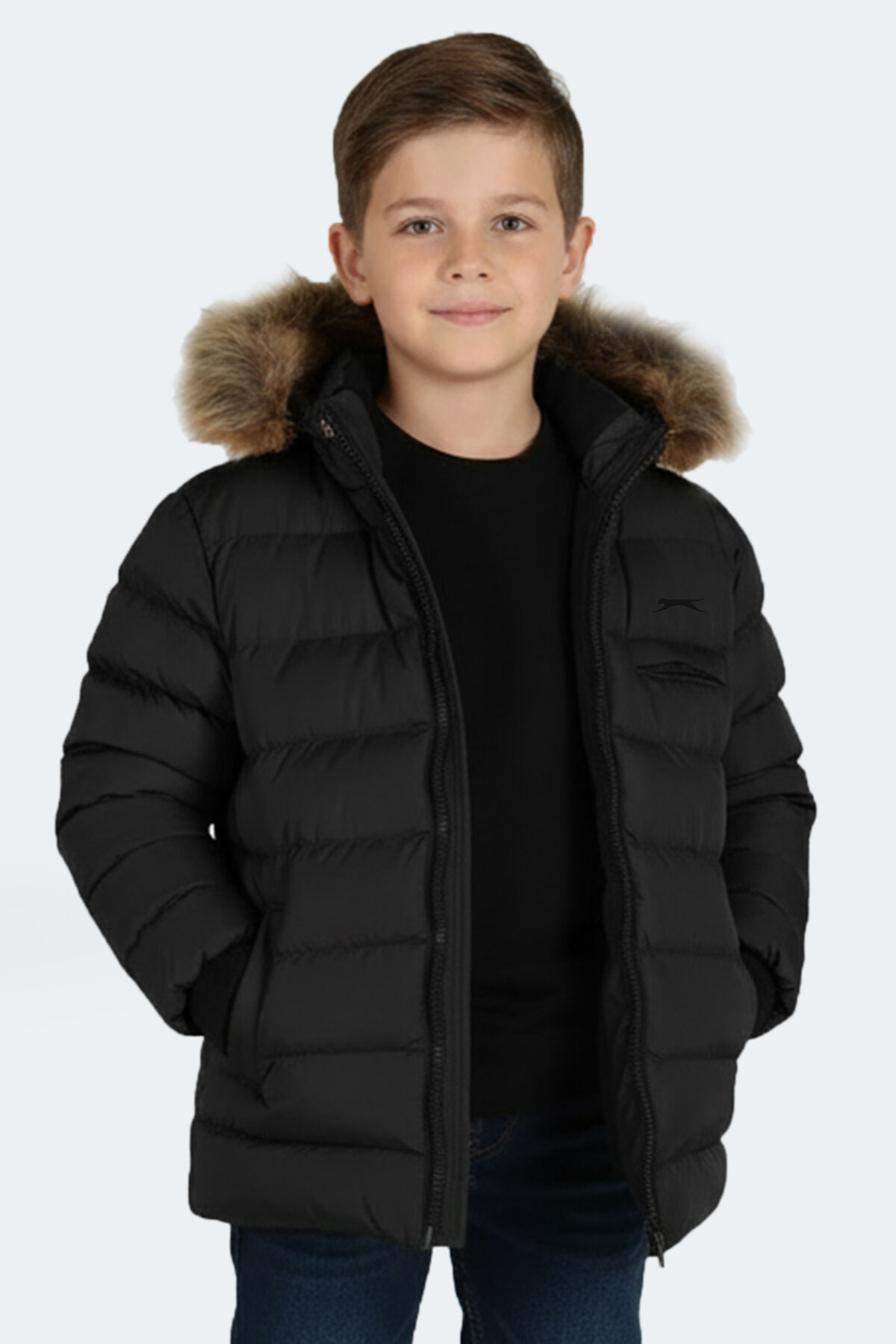 Slazenger CALISTO NEW Unisex Çocuk Kapüşonlu Şişme Siyah Mont & Kaban