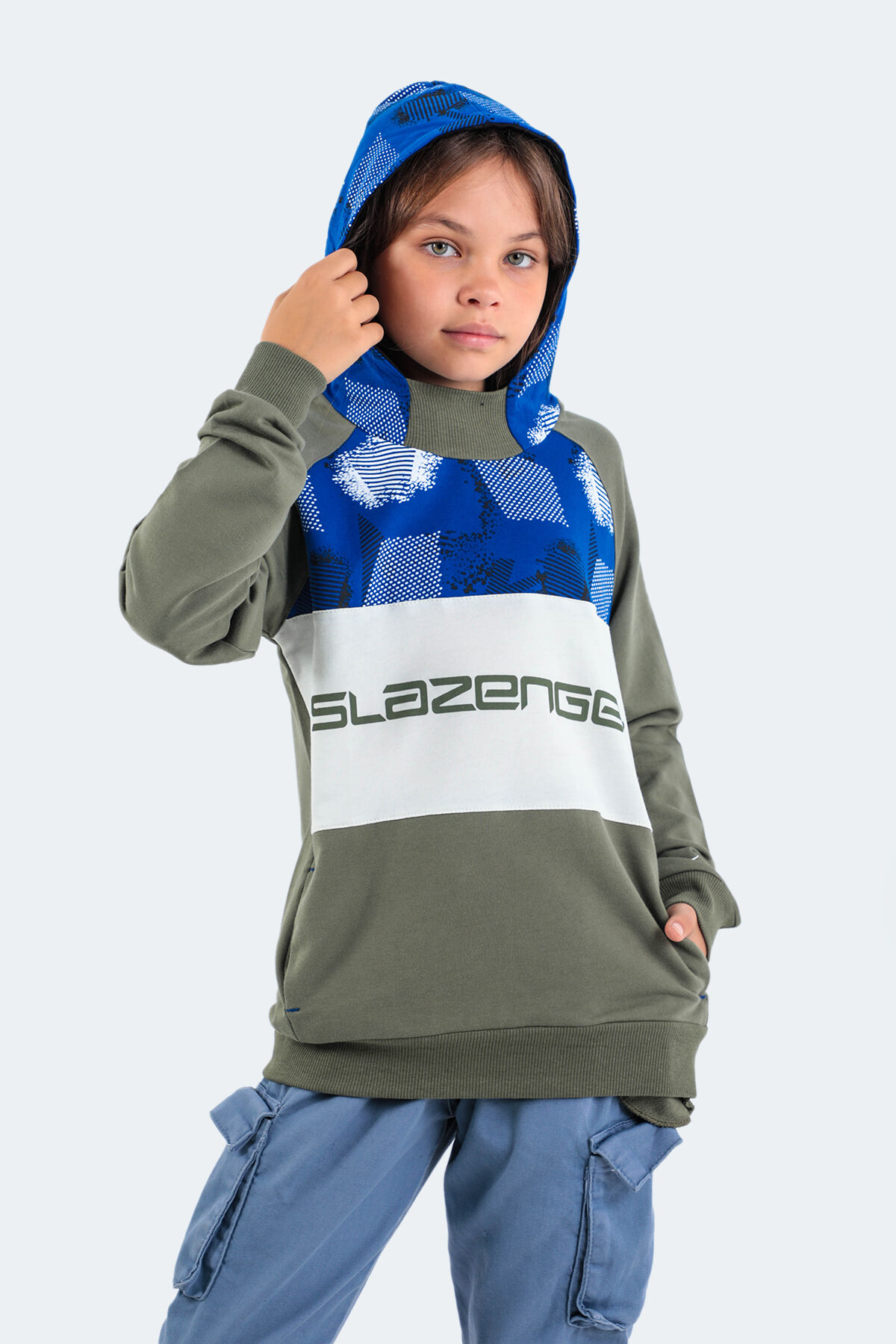 Slazenger DRAGICA IN Unisex Çocuk Kapüşonlu Cepli Haki Sweatshırt