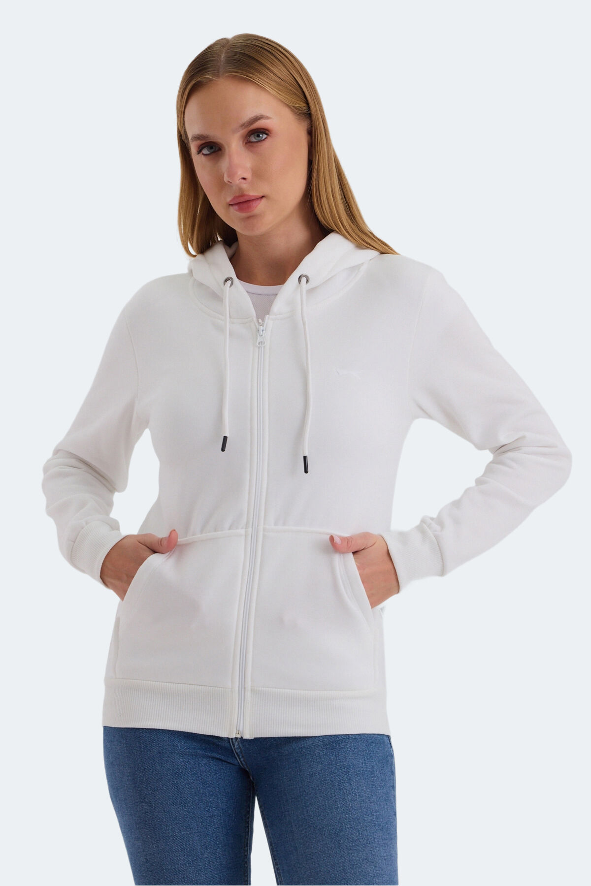 Slazenger KATYA Kadın Fermuarlı Kapüşonlu Cepli Beyaz Sweatshırt
