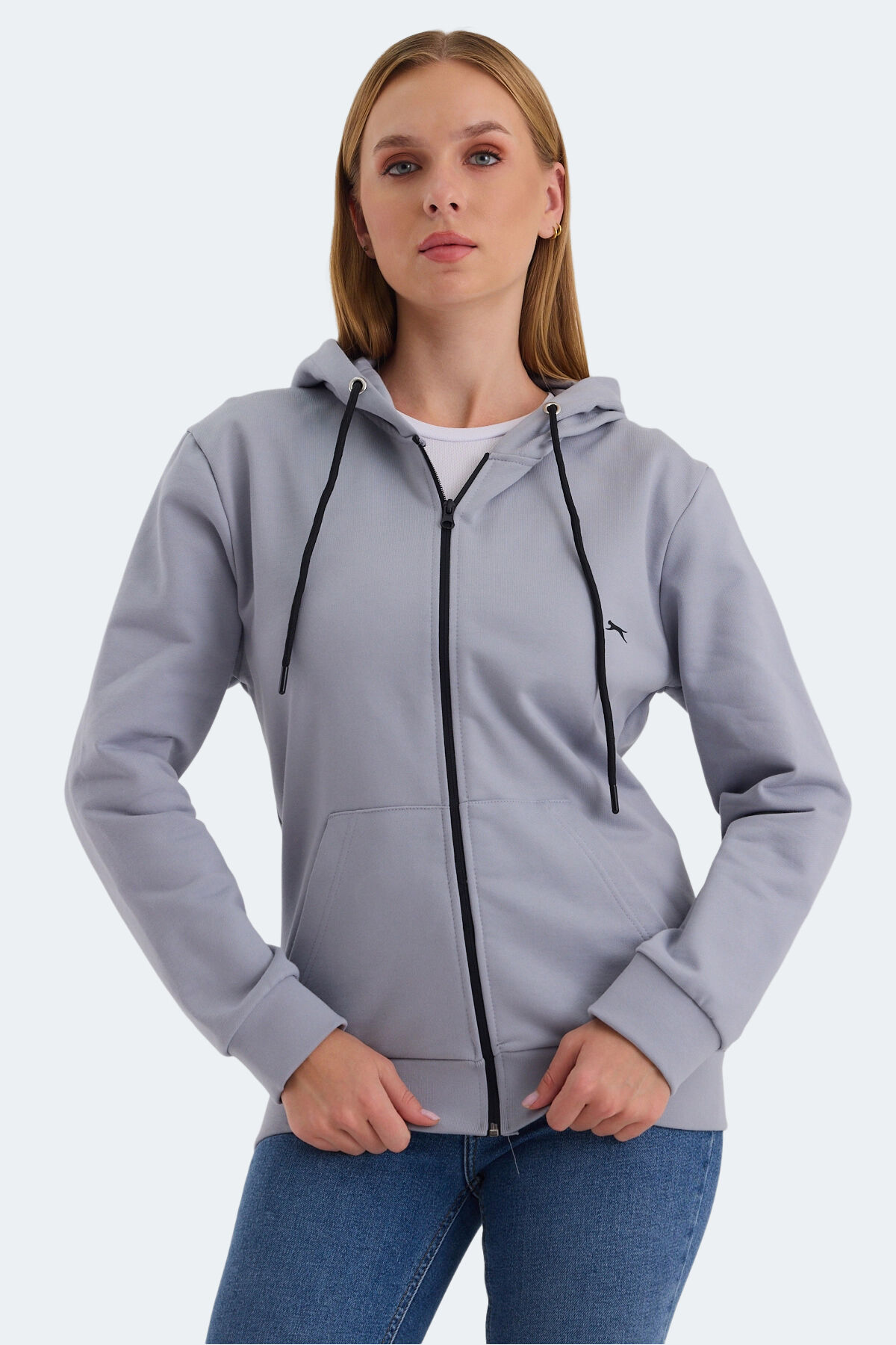 Slazenger KATYA Kadın Fermuarlı Kapüşonlu Cepli Gri Sweatshırt