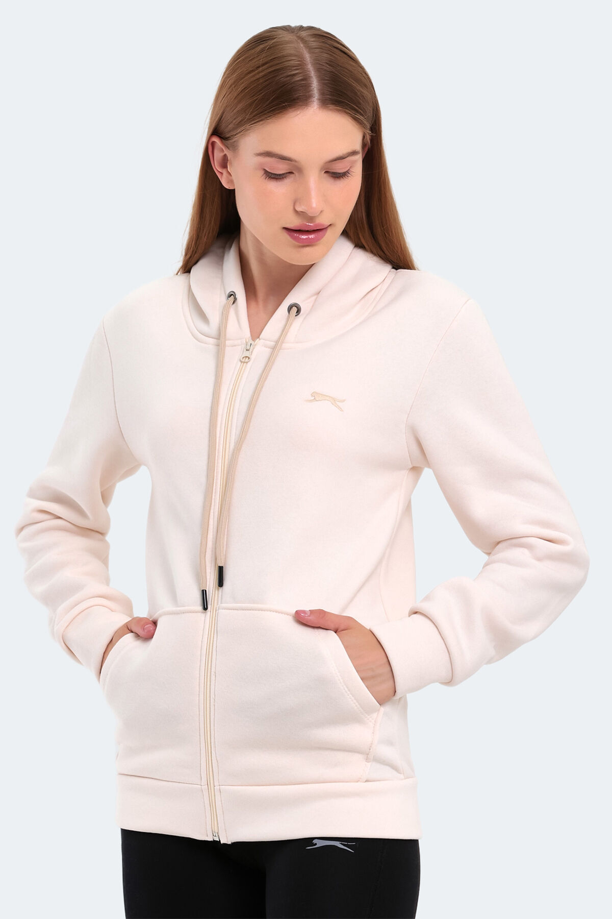 Slazenger KATYA Kadın Fermuarlı Kapüşonlu Cepli Ekru Sweatshırt