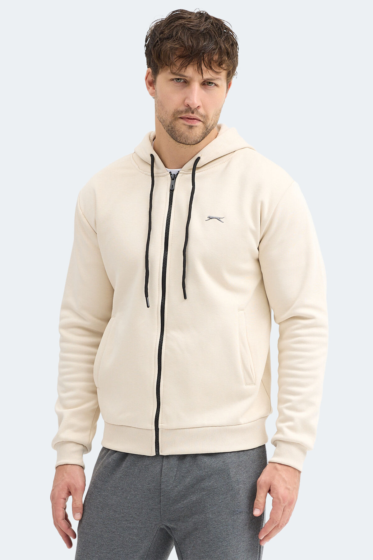 Slazenger KOZZAX IN Erkek Fermuarlı Kapüşonlu Cepli Bej Sweatshırt
