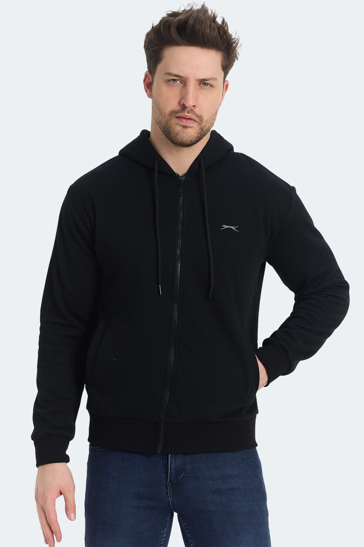 Slazenger KOZZAX IN Erkek Fermuarlı Kapüşonlu Cepli Siyah Sweatshırt