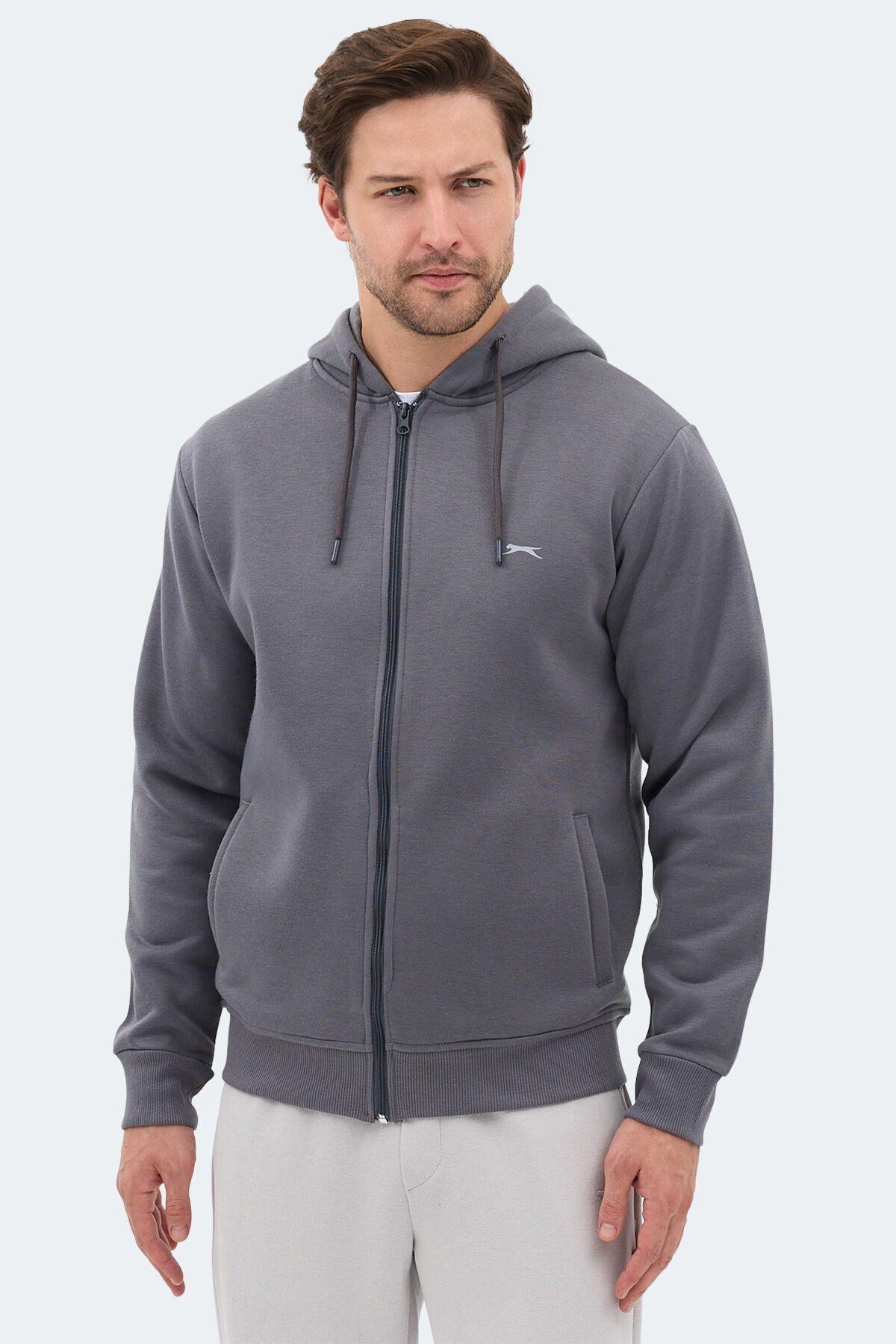 Slazenger MAJESTIC  I Erkek Fermuarlı Kapüşonlu Cepli Gri Sweatshırt