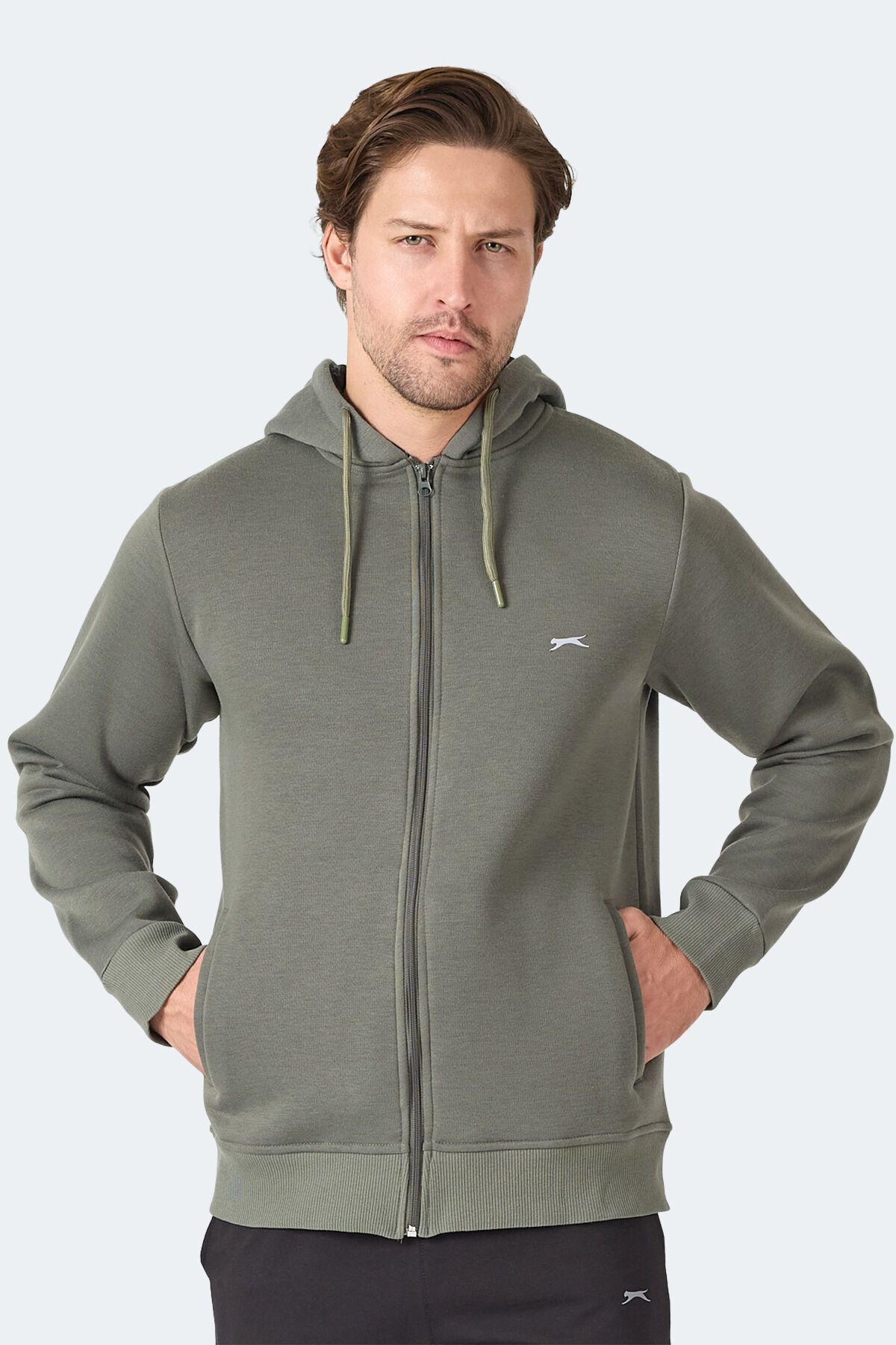 Slazenger MAJESTIC  I Erkek Fermuarlı Kapüşonlu Cepli Haki Sweatshırt