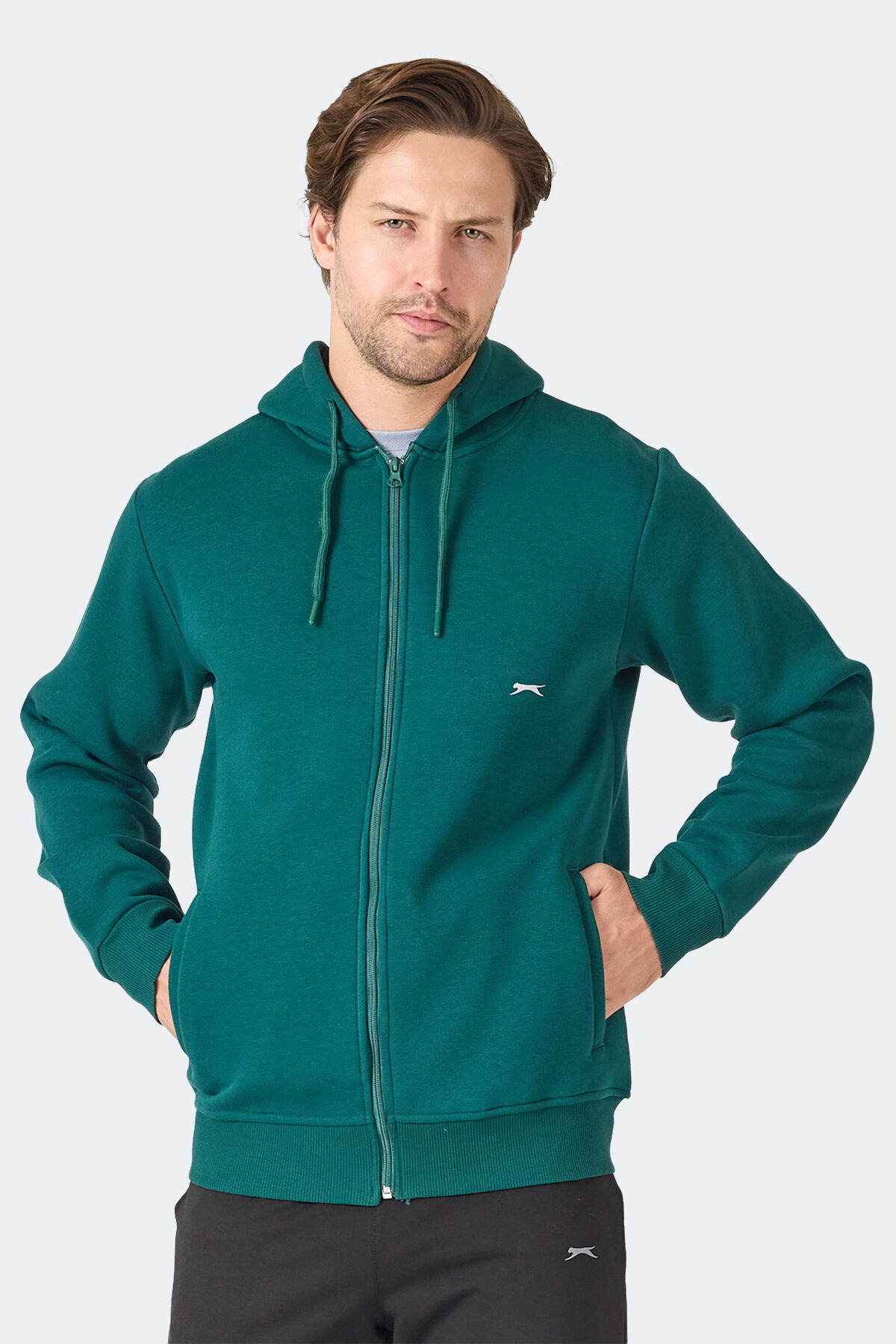 Slazenger MAJESTIC  I Erkek Fermuarlı Kapüşonlu Cepli Koyu Yeşil Sweatshırt