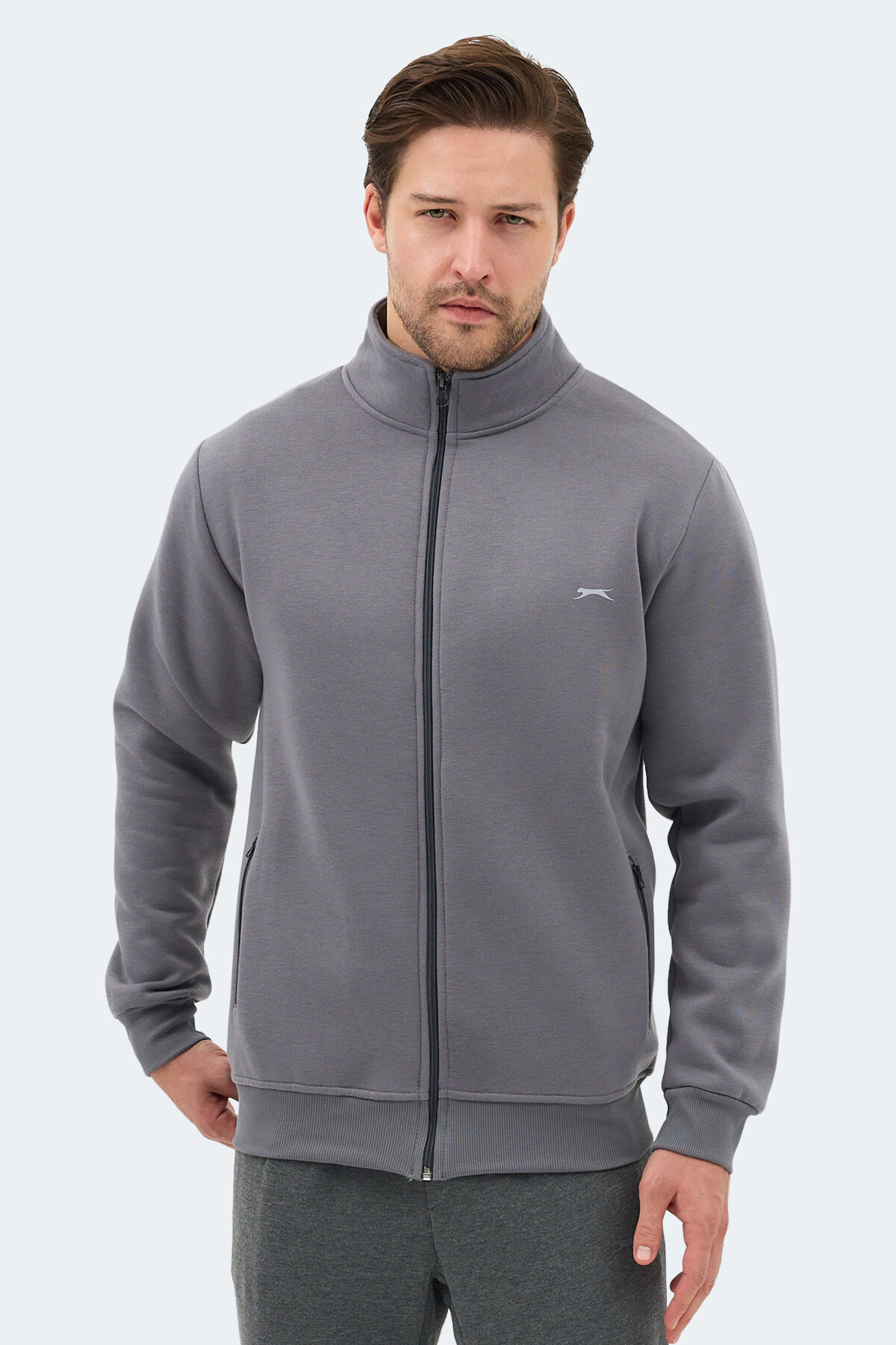 Slazenger MENDOZA I Erkek Fermuarlı Dik Yaka Cepli Gri Sweatshırt