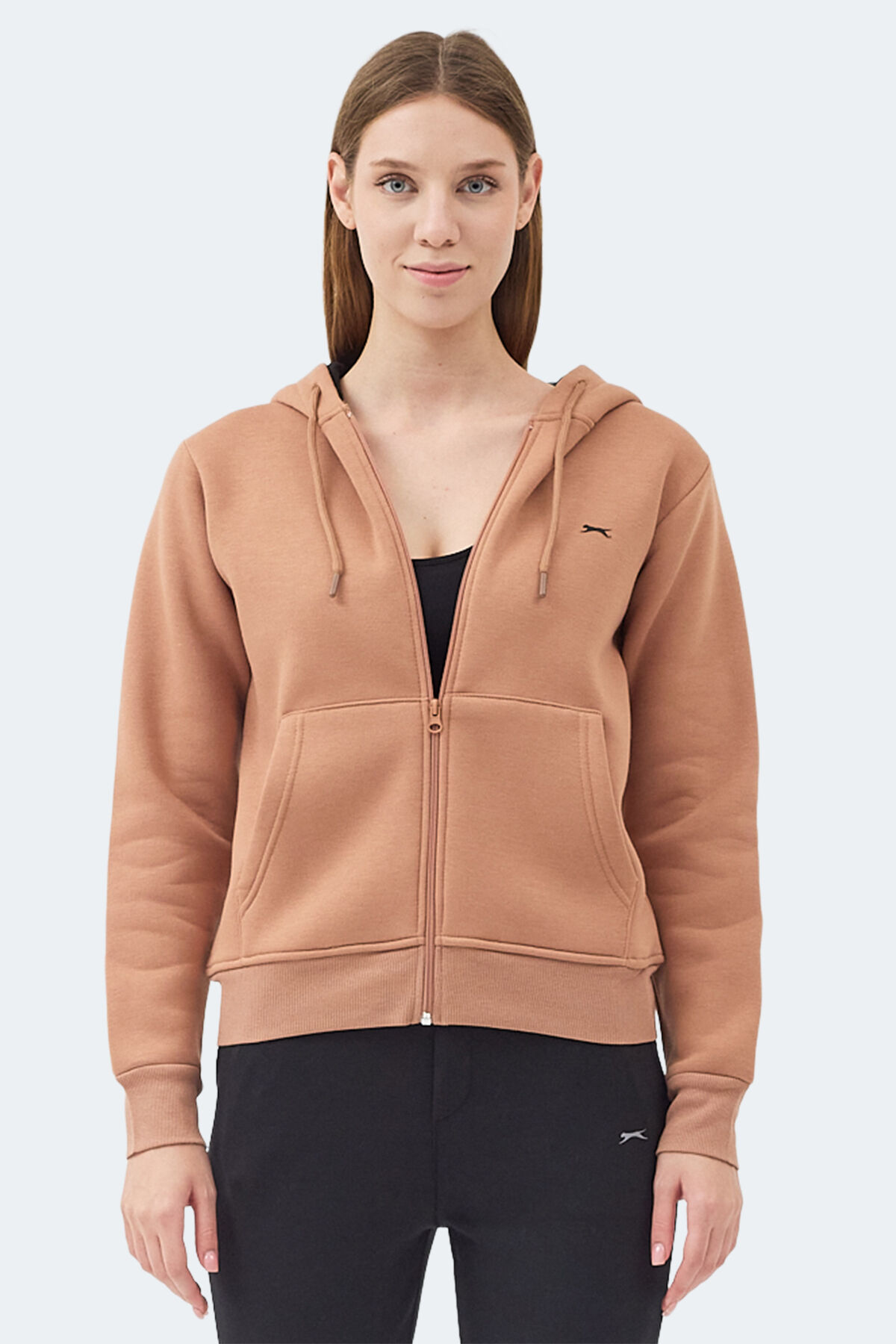 Slazenger MILIO I Kadın Fermuarlı Kapüşonlu Cepli Camel Sweatshırt